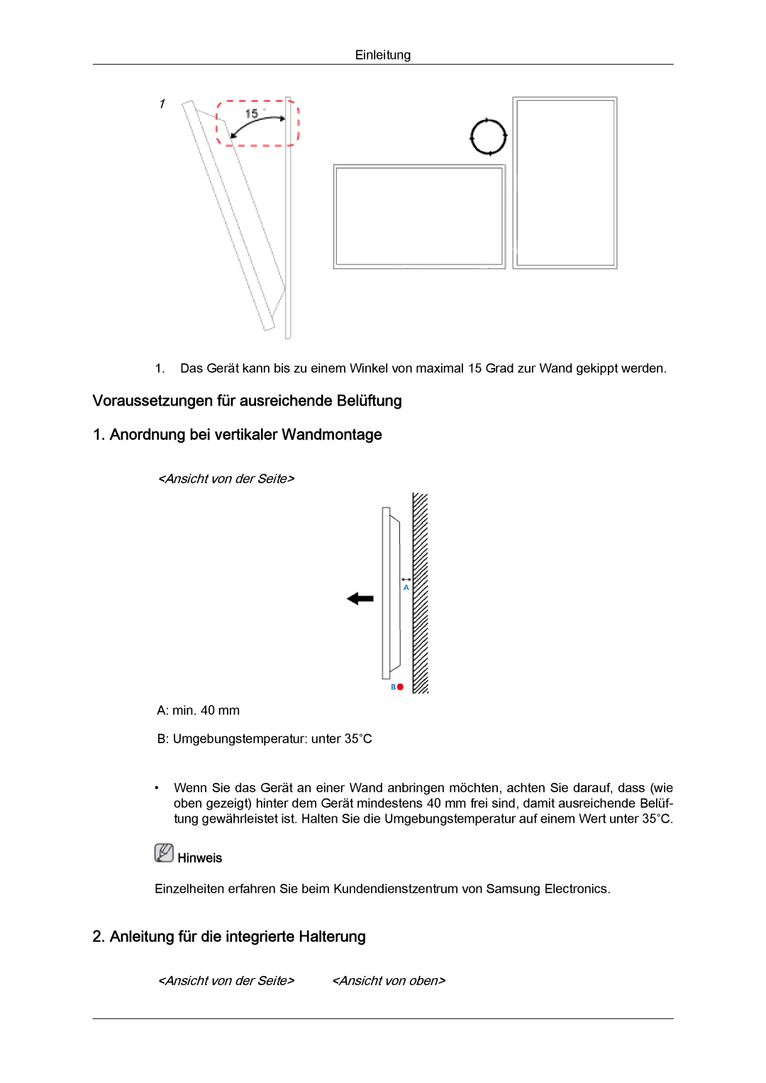 Samsung LH46GWTLBC/EN, LH40GWTLBC/EN, LH40GWSLBC/EN manual Anleitung für die integrierte Halterung, Ansicht von der Seite 