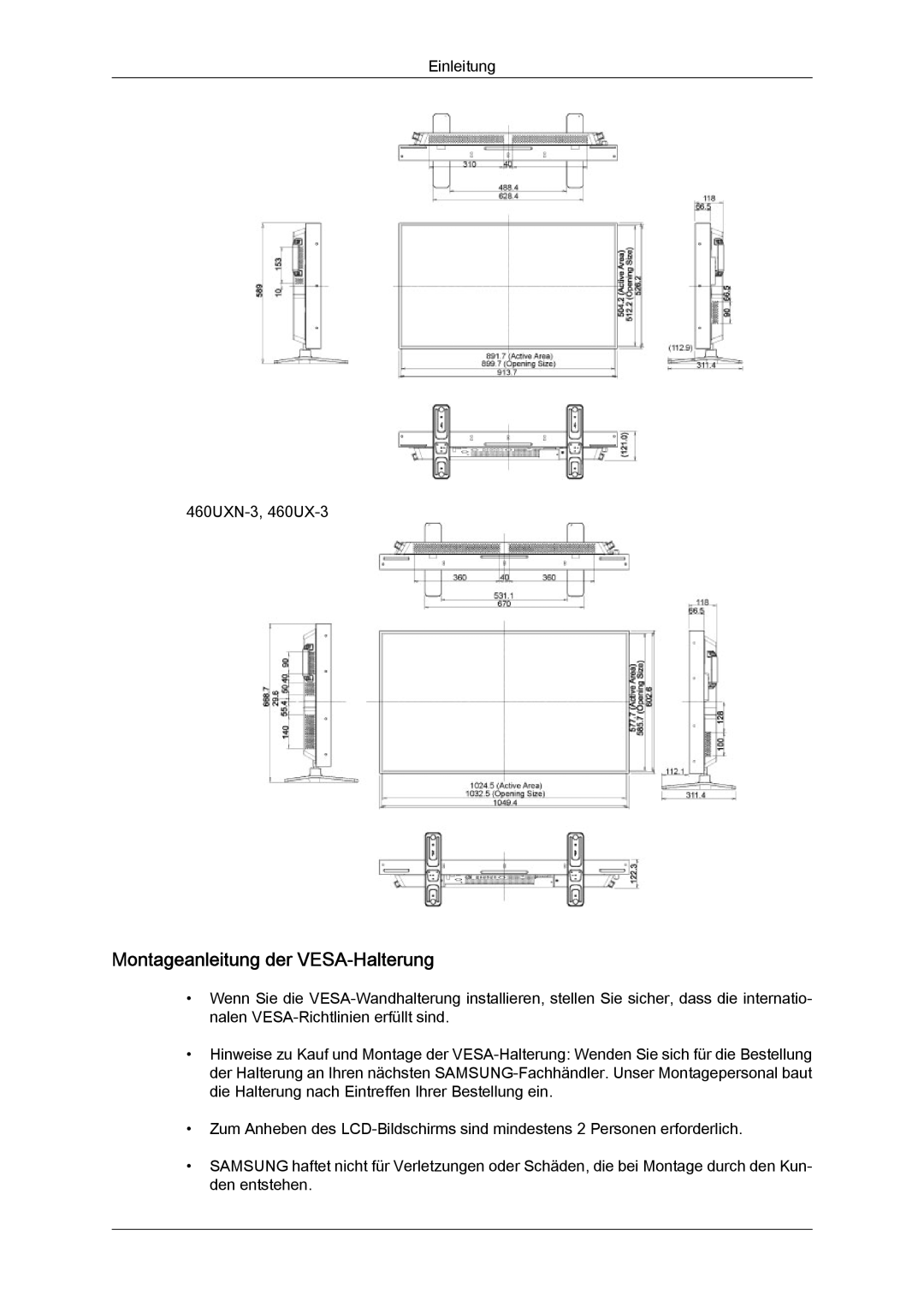 Samsung LH40GWTLBC/EN, LH40GWSLBC/EN, LH46GWPLBC/EN, LH40GWPLBC/EN, LH46GWTLBC/EN manual Montageanleitung der VESA-Halterung 