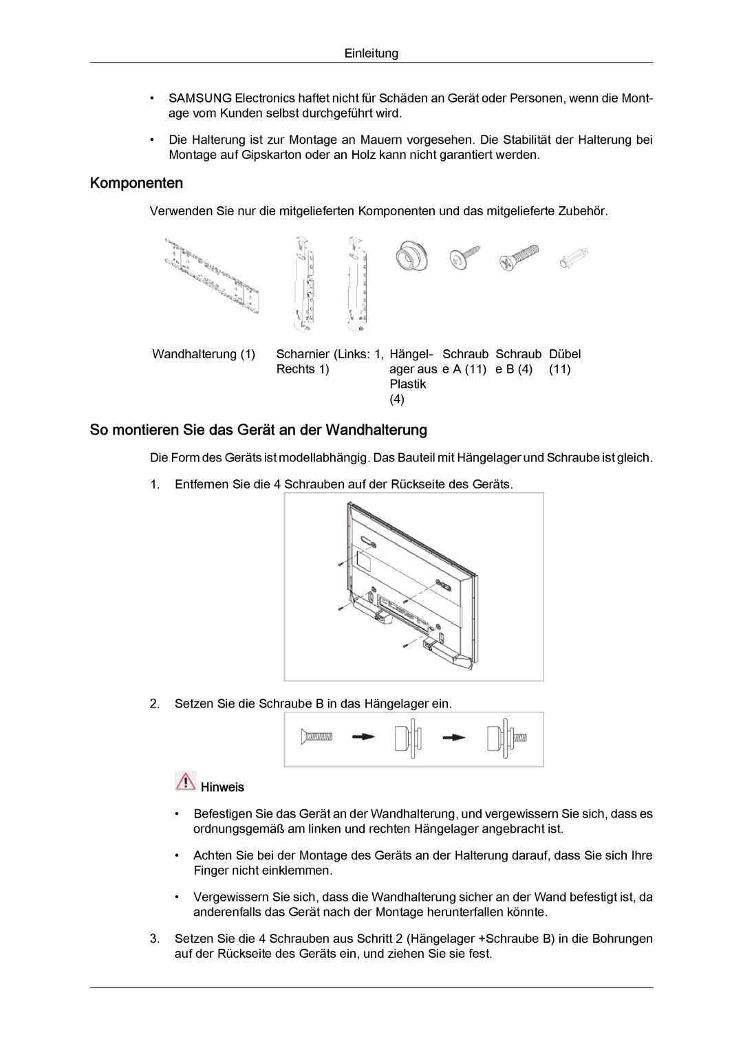 Samsung LH46GWSLBC/EN, LH40GWTLBC/EN, LH40GWSLBC/EN manual Komponenten, So montieren Sie das Gerät an der Wandhalterung 