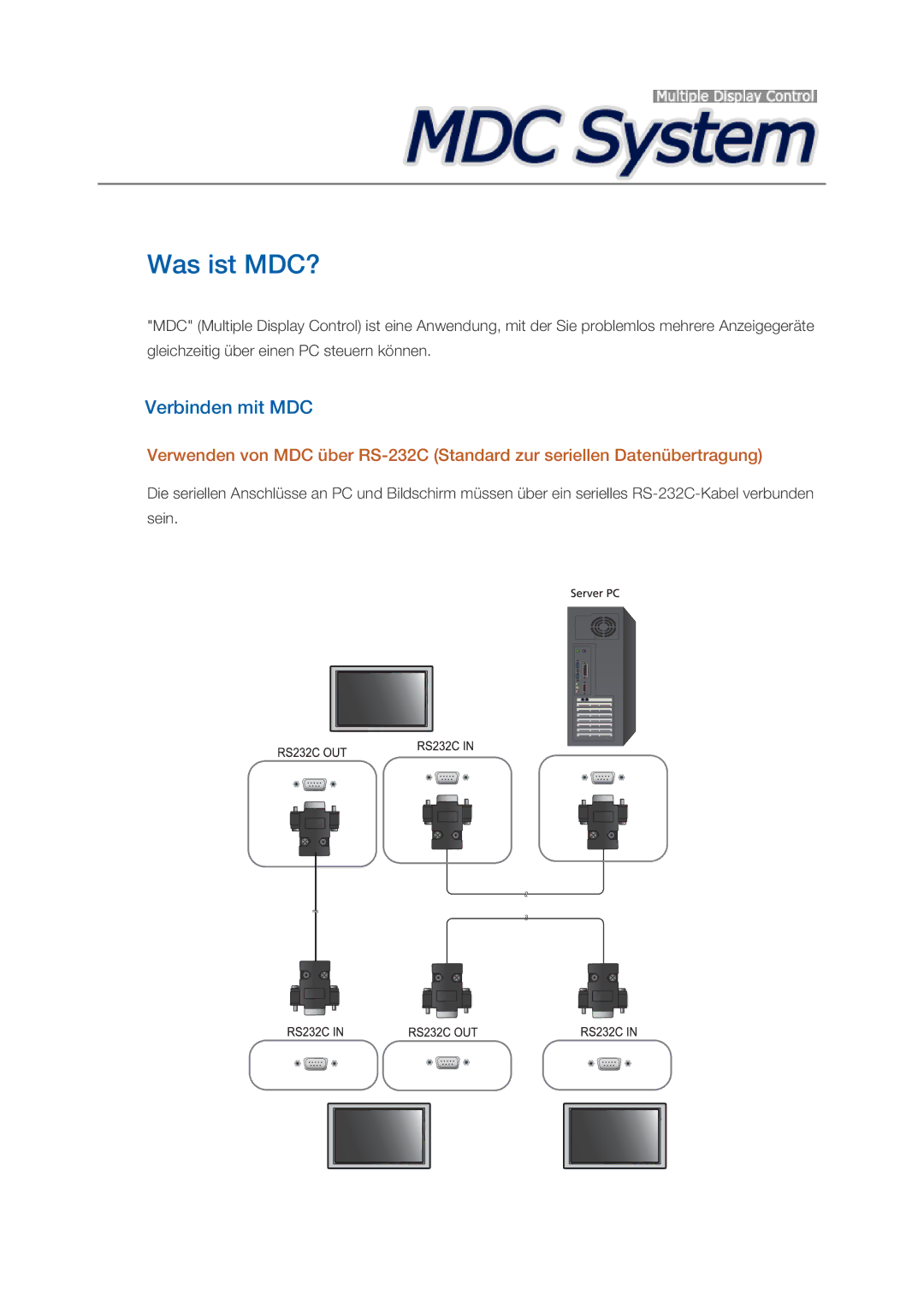 Samsung LH40GWSLBC/EN, LH40GWTLBC/EN, LH46GWPLBC/EN, LH40GWPLBC/EN, LH46GWTLBC/EN manual Was ist MDC?, Verbinden mit MDC 