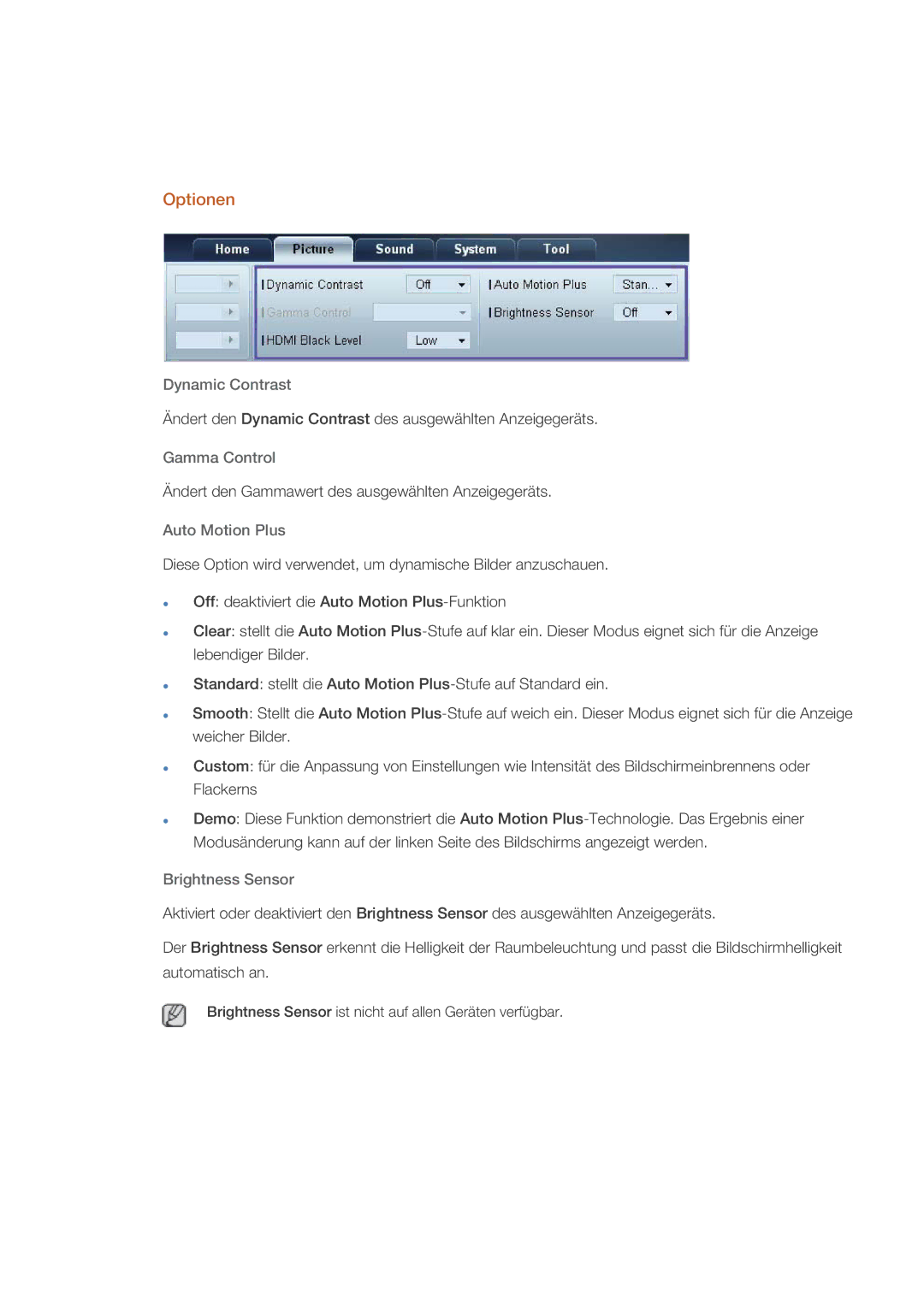Samsung LH40GWSLBC/EN, LH40GWTLBC/EN, LH46GWPLBC/EN, LH40GWPLBC/EN manual Optionen, Dynamic Contrast, Brightness Sensor 