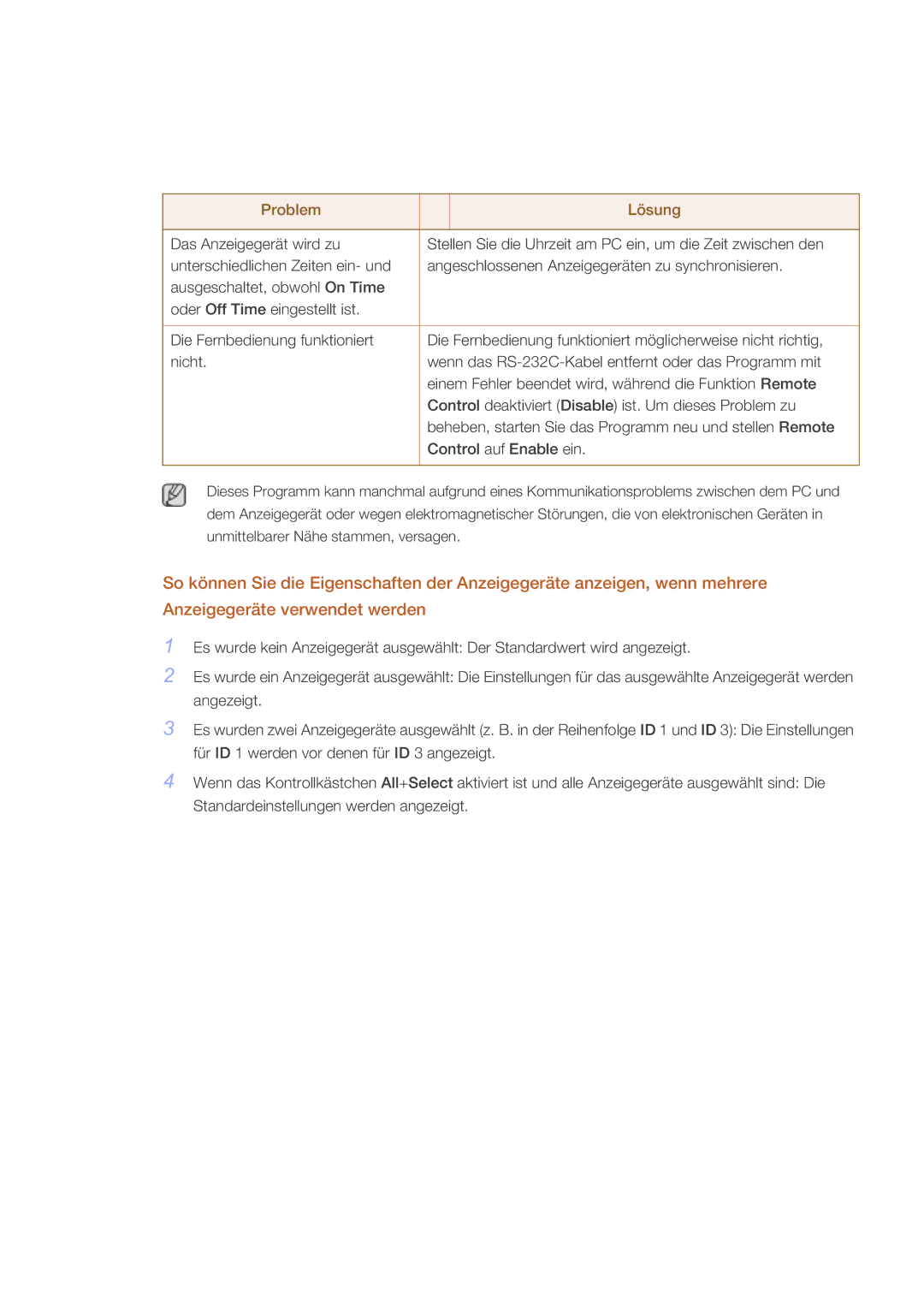 Samsung LH40GWTLBC/EN, LH40GWSLBC/EN, LH46GWPLBC/EN, LH40GWPLBC/EN, LH46GWTLBC/EN, LH46GWSLBC/EN manual Problem Lösung 