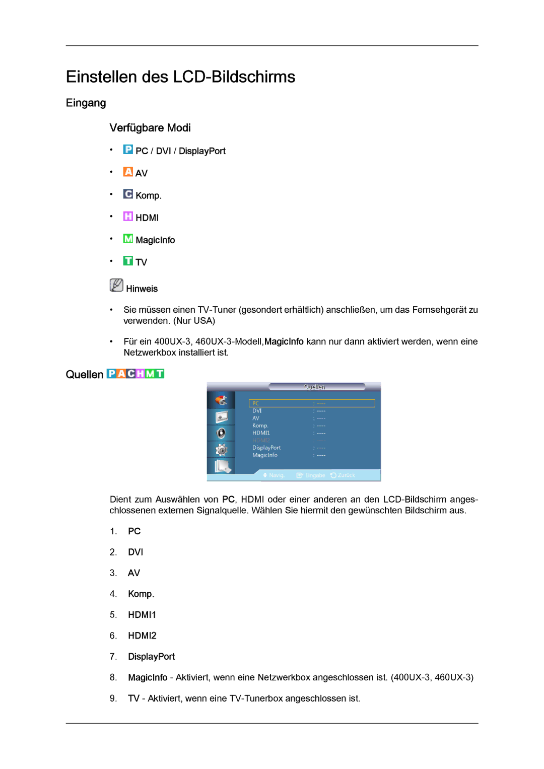 Samsung LH40GWSLBC/EN, LH40GWTLBC/EN manual Eingang Verfügbare Modi, Quellen, PC / DVI / DisplayPort Komp, MagicInfo Hinweis 