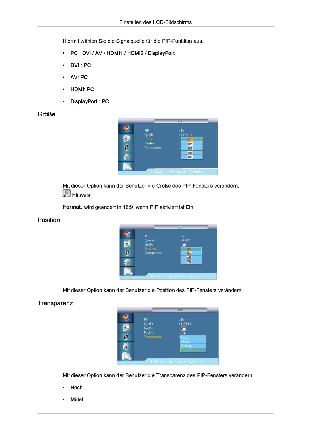 Samsung LH40GWPLBC/EN, LH40GWTLBC/EN, LH40GWSLBC/EN, LH46GWPLBC/EN, LH46GWTLBC/EN, LH46GWSLBC/EN Größe, Position, Transparenz 