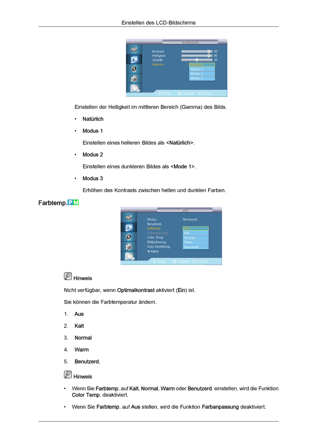 Samsung LH46GWPLBC/EN, LH40GWTLBC/EN, LH40GWSLBC/EN manual Farbtemp, Natürlich Modus, Aus Kalt Normal Warm Benutzerd Hinweis 