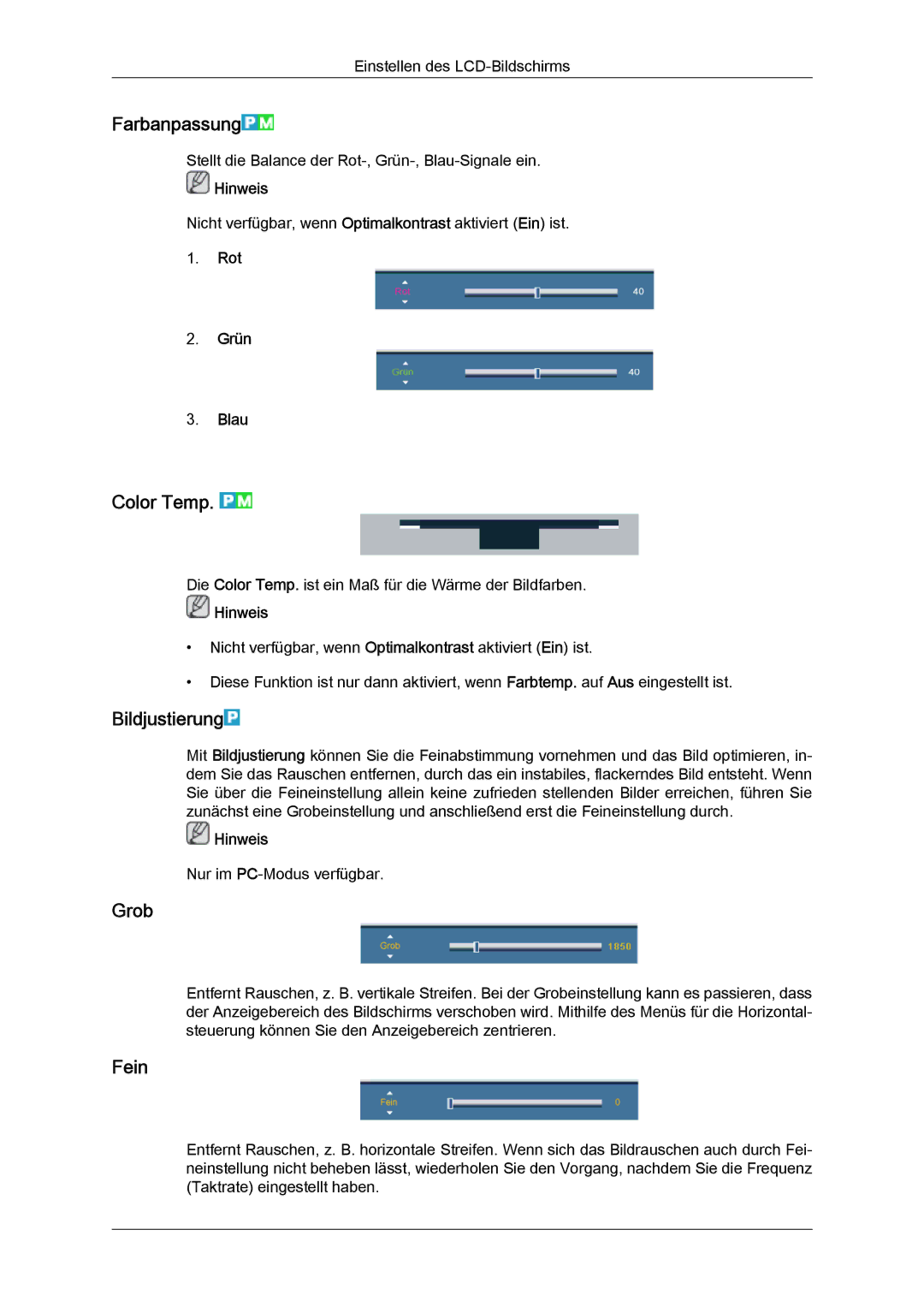 Samsung LH40GWPLBC/EN, LH40GWTLBC/EN, LH40GWSLBC/EN, LH46GWPLBC/EN Farbanpassung, Color Temp, Bildjustierung, Grob, Fein 