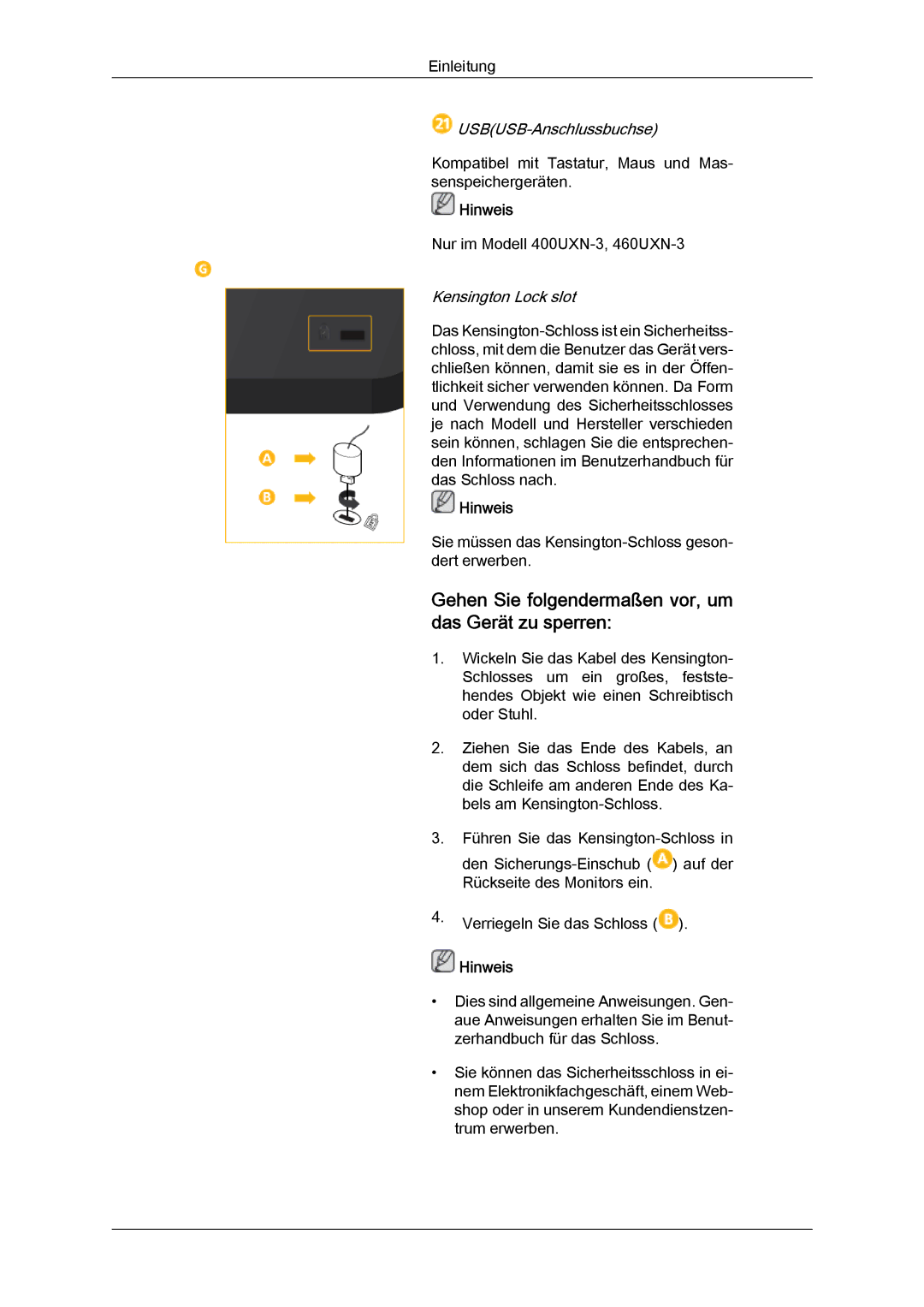 Samsung LH46GWTLBC/EN, LH40GWTLBC/EN manual Gehen Sie folgendermaßen vor, um das Gerät zu sperren, Kensington Lock slot 