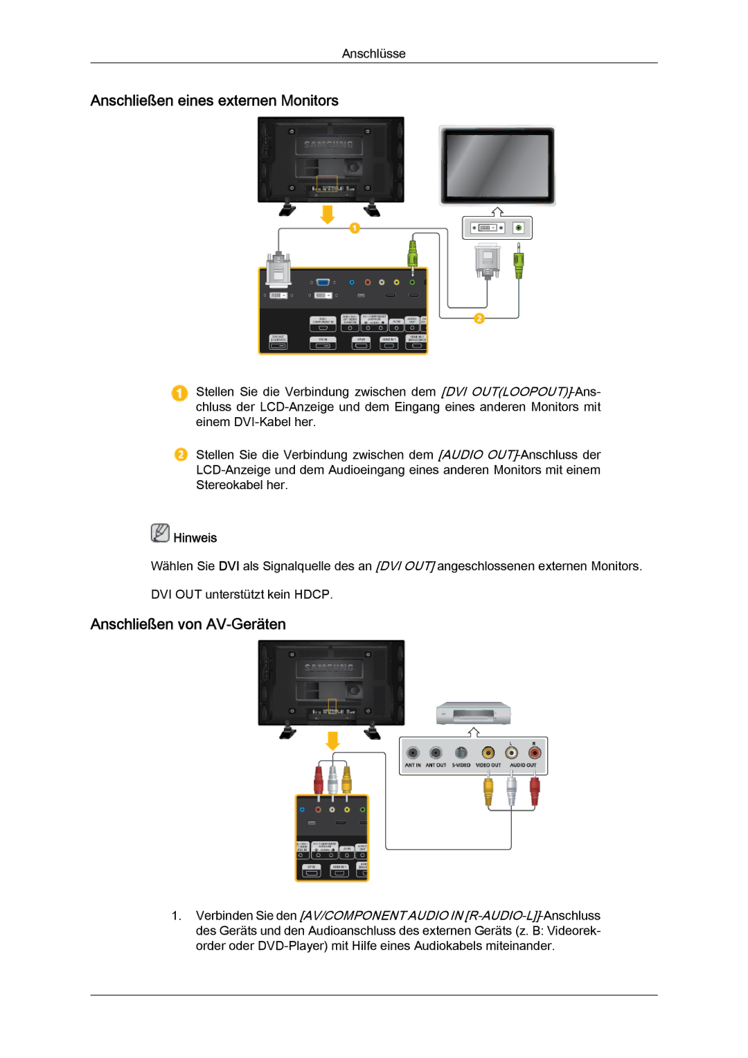 Samsung LH46GWTLBC/EN, LH40GWTLBC/EN, LH40GWSLBC/EN manual Anschließen eines externen Monitors, Anschließen von AV-Geräten 