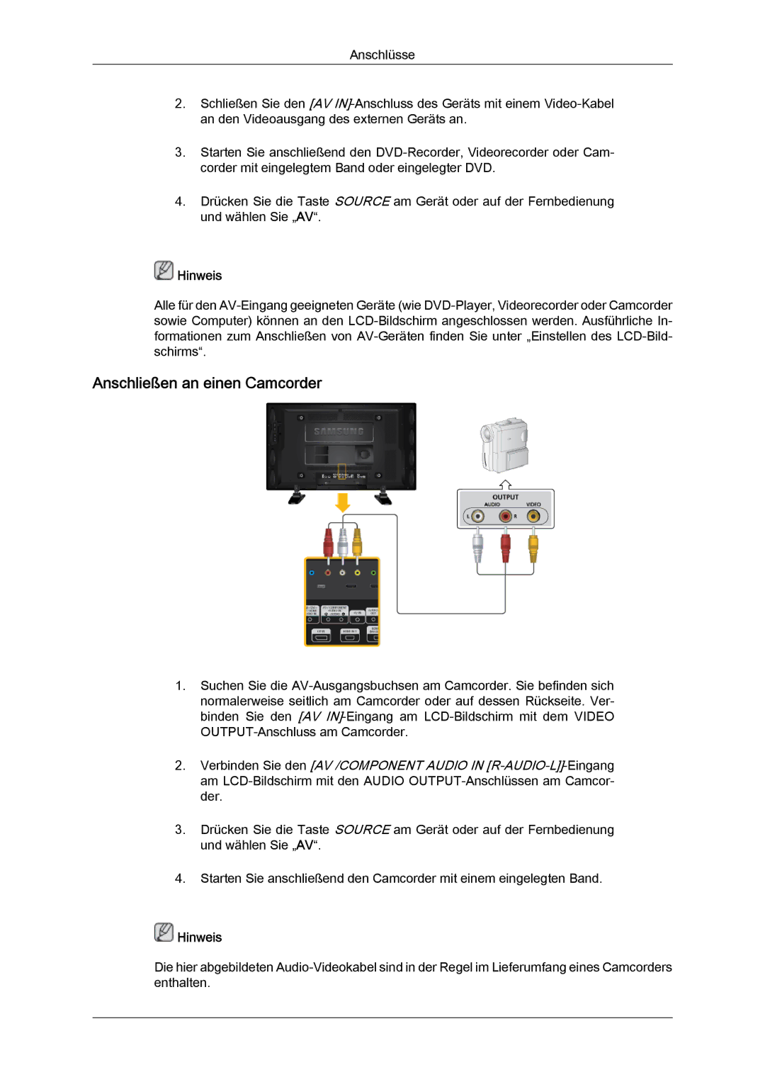 Samsung LH46GWSLBC/EN, LH40GWTLBC/EN, LH40GWSLBC/EN, LH46GWPLBC/EN, LH40GWPLBC/EN manual Anschließen an einen Camcorder 