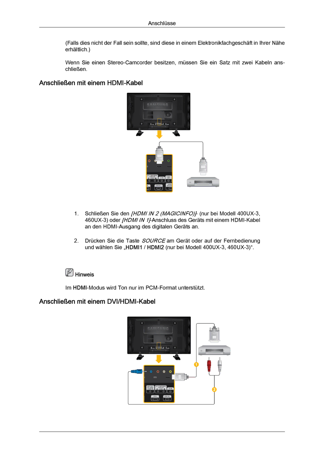 Samsung LH40GWTLBC/EN, LH40GWSLBC/EN, LH46GWPLBC/EN Anschließen mit einem HDMI-Kabel, Anschließen mit einem DVI/HDMI-Kabel 