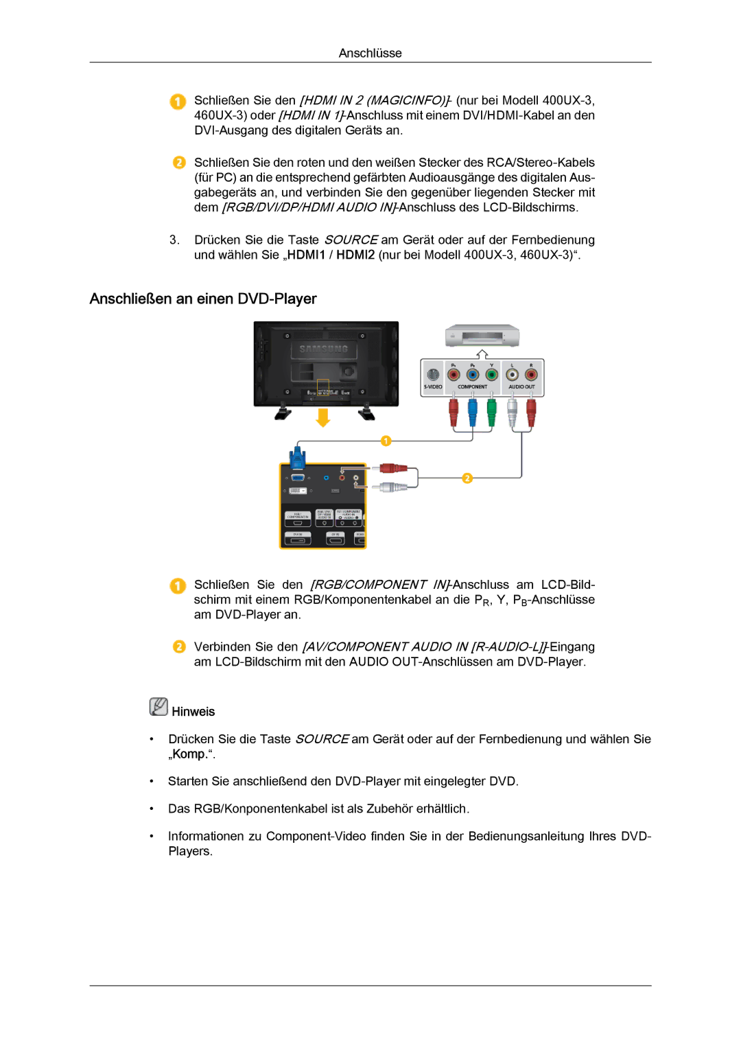 Samsung LH40GWSLBC/EN, LH40GWTLBC/EN, LH46GWPLBC/EN, LH40GWPLBC/EN, LH46GWTLBC/EN manual Anschließen an einen DVD-Player 