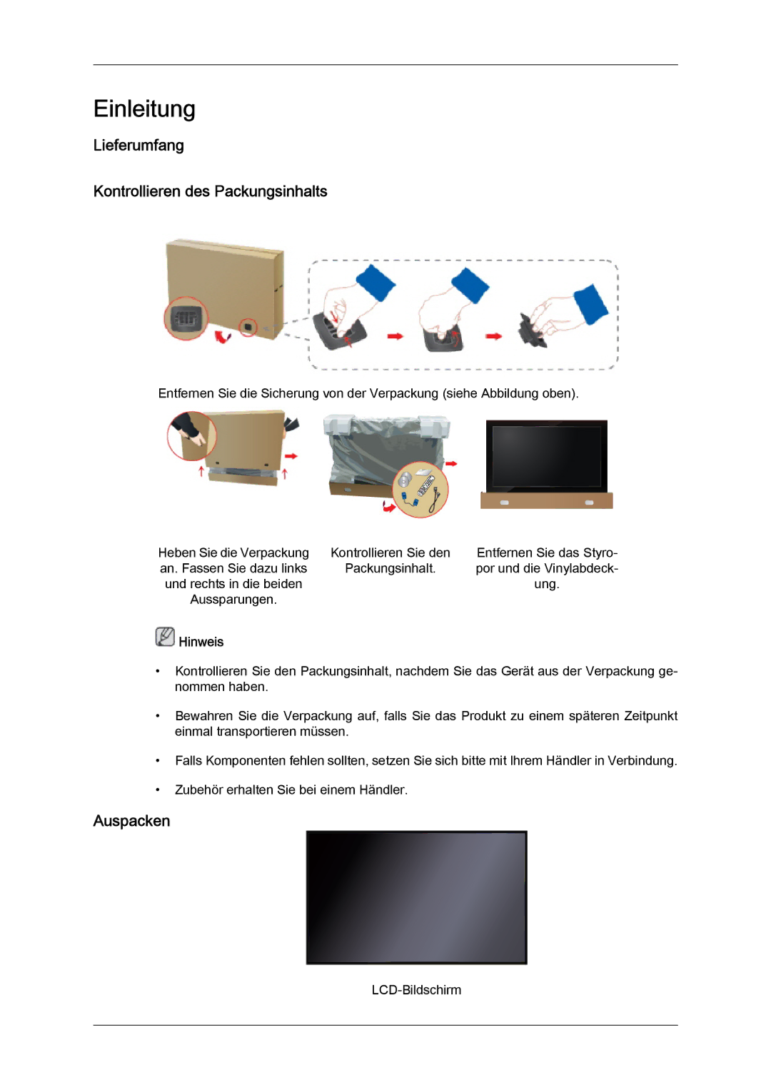 Samsung LH46GWPLBC/EN, LH40GWTLBC/EN, LH40GWSLBC/EN, LH40GWPLBC/EN Lieferumfang Kontrollieren des Packungsinhalts, Auspacken 