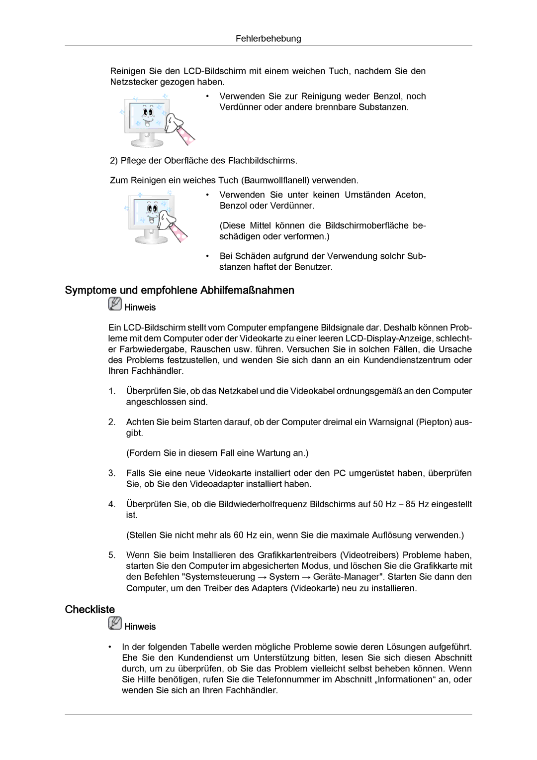 Samsung LH46GWSLBC/EN, LH40GWTLBC/EN, LH40GWSLBC/EN, LH46GWPLBC/EN manual Symptome und empfohlene Abhilfemaßnahmen, Checkliste 