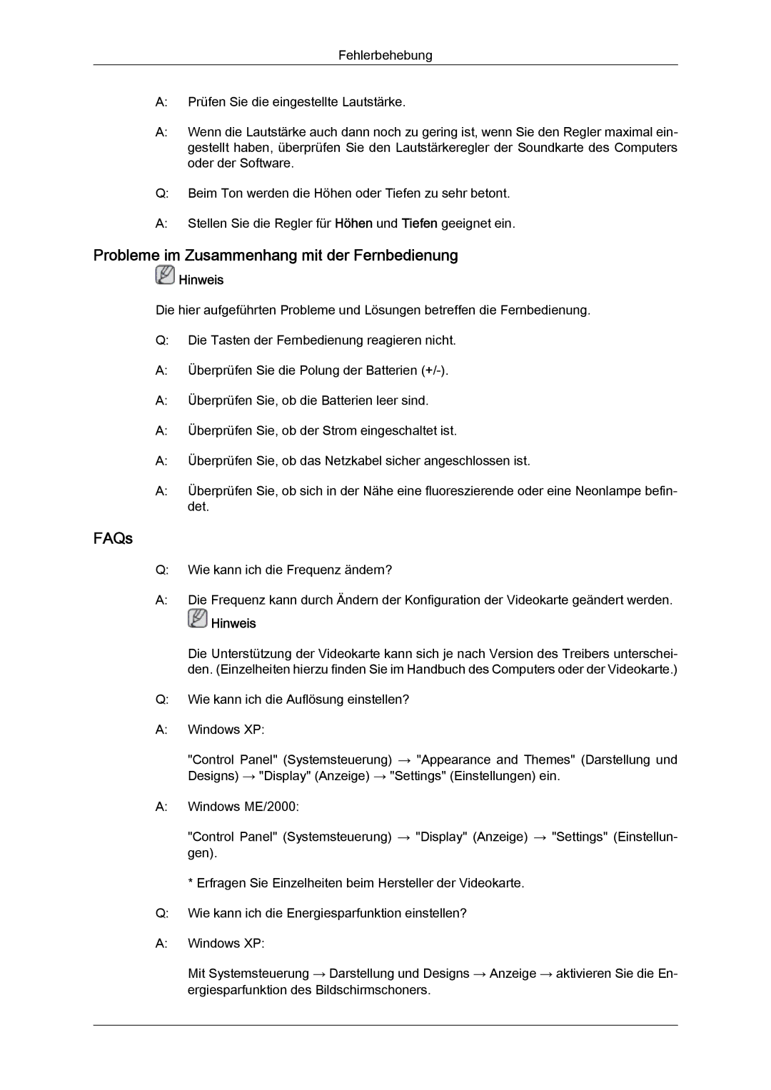 Samsung LH46GWPLBC/EN, LH40GWTLBC/EN, LH40GWSLBC/EN, LH40GWPLBC/EN manual Probleme im Zusammenhang mit der Fernbedienung, FAQs 