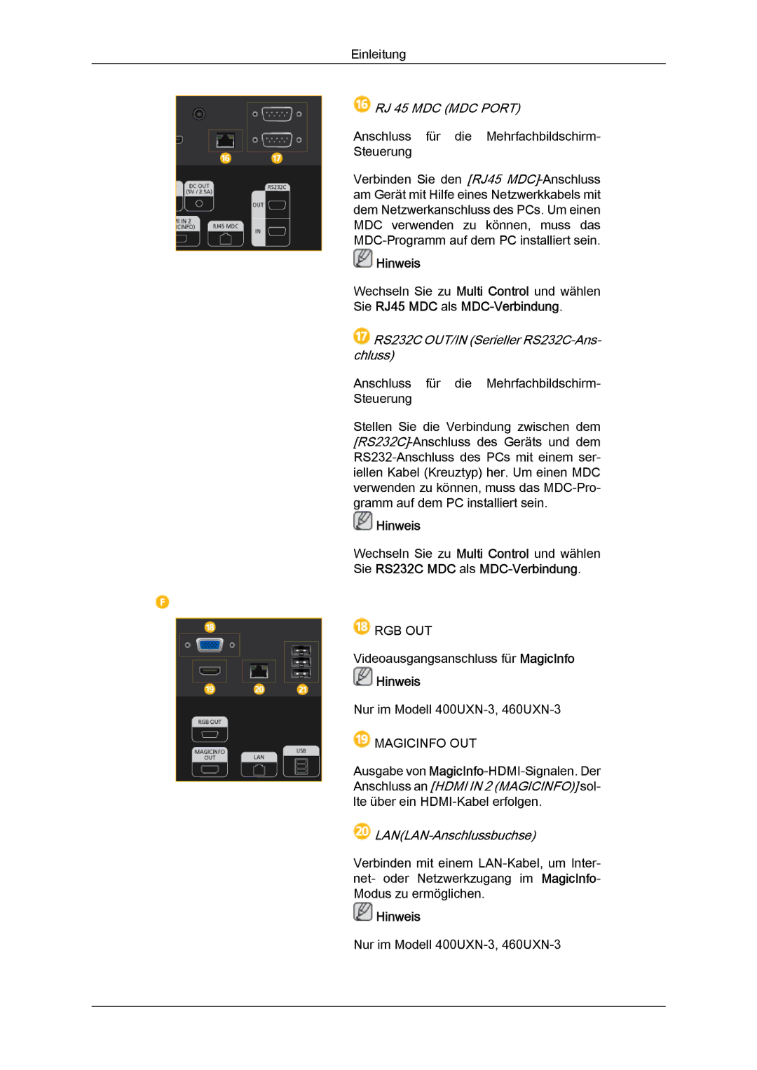 Samsung LH40GWPLBC/EN, LH40GWTLBC/EN, LH40GWSLBC/EN manual RJ 45 MDC MDC Port, RS232C OUT/IN Serieller RS232C-Ans- chluss 