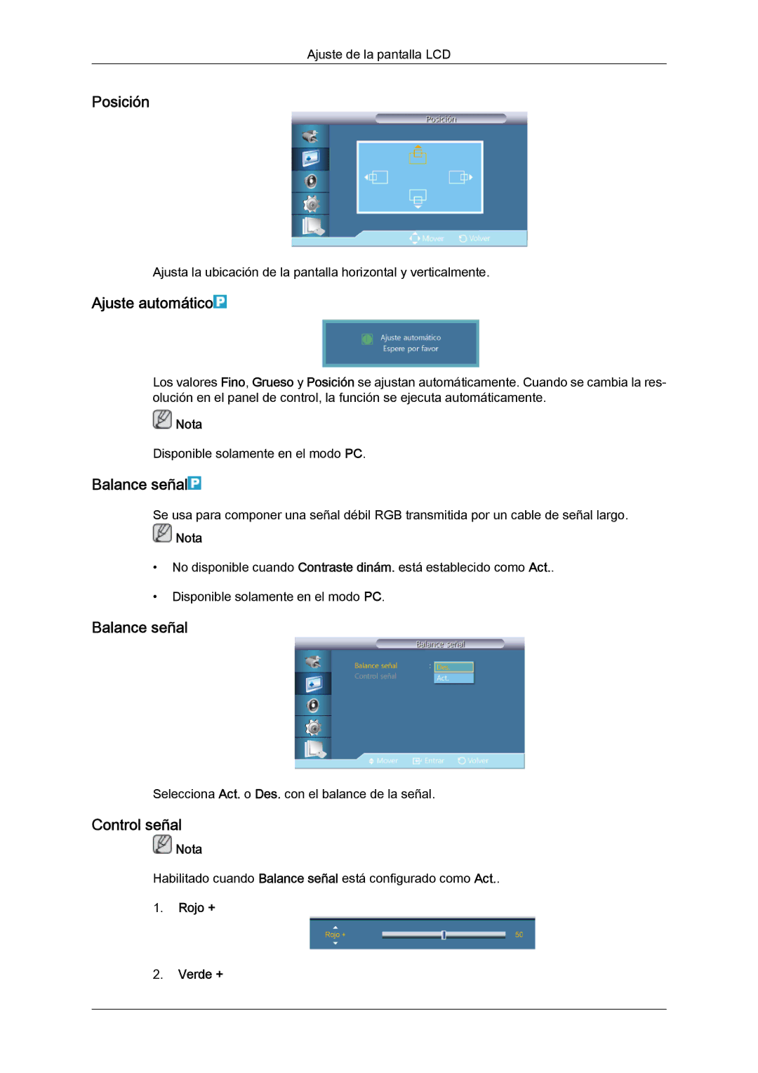 Samsung LH46GWPLBC/EN, LH40GWTLBC/EN, LH40GWSLBC/EN manual Ajuste automático, Balance señal, Control señal, Rojo + Verde + 