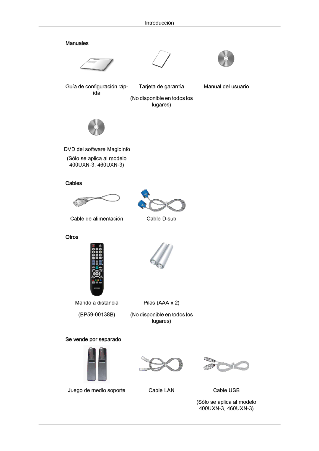 Samsung LH46GWTLBC/EN, LH40GWTLBC/EN, LH40GWSLBC/EN, LH46GWPLBC/EN manual Manuales, Cables, Otros, Se vende por separado 