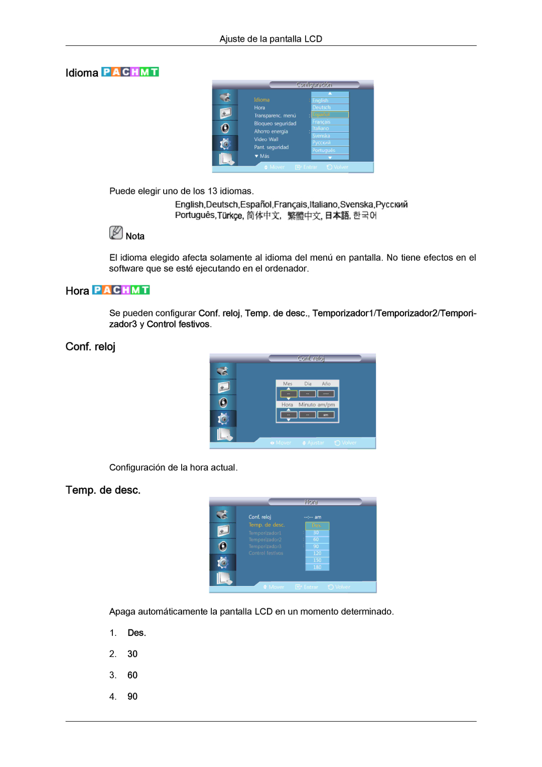 Samsung LH40GWTLBC/EN, LH40GWSLBC/EN, LH46GWPLBC/EN, LH40GWPLBC/EN, LH46GWTLBC/EN Idioma, Hora, Conf. reloj, Temp. de desc 