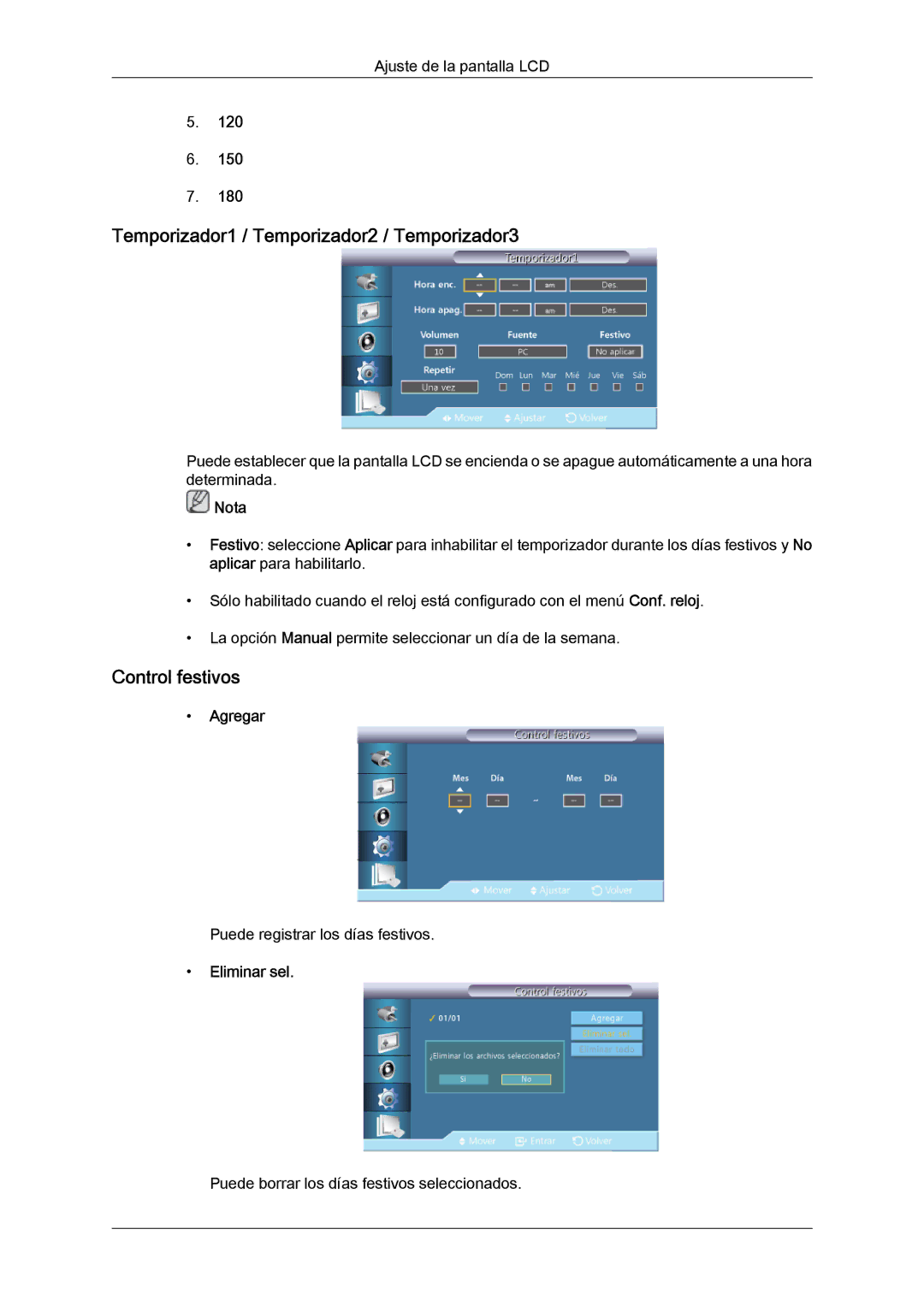 Samsung LH40GWSLBC/EN manual Temporizador1 / Temporizador2 / Temporizador3, Control festivos, Agregar, Eliminar sel 