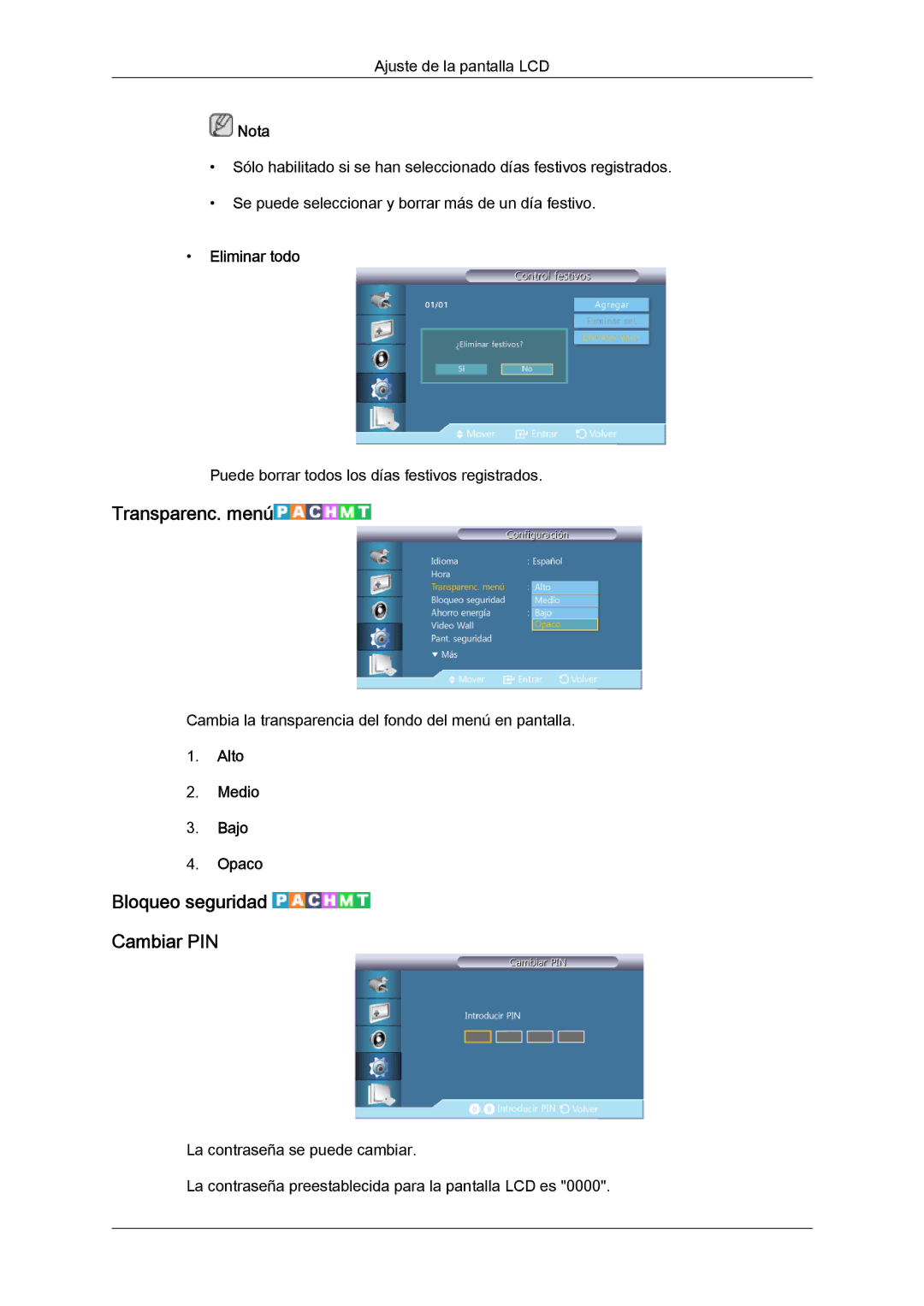 Samsung LH46GWPLBC/EN manual Transparenc. menú, Bloqueo seguridad Cambiar PIN, Eliminar todo, Alto Medio Bajo Opaco 