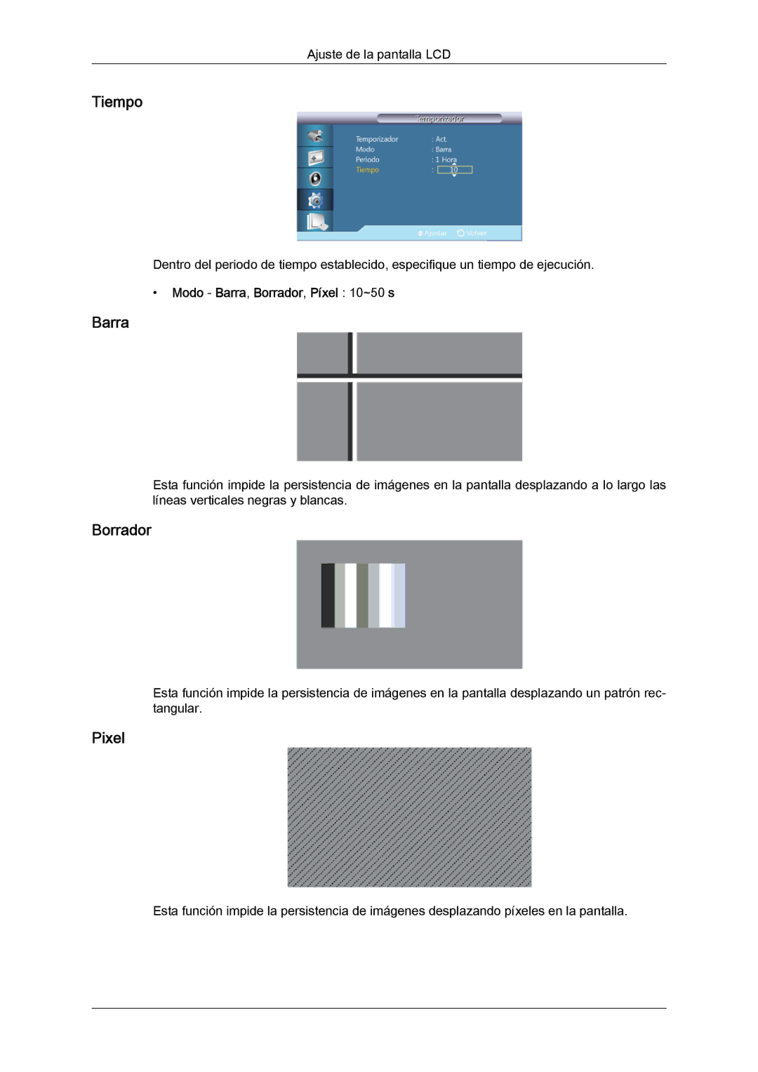 Samsung LH40GWSLBC/EN, LH40GWTLBC/EN, LH46GWPLBC/EN, LH40GWPLBC/EN manual Pixel, Modo Barra, Borrador, Píxel 10~50 s 