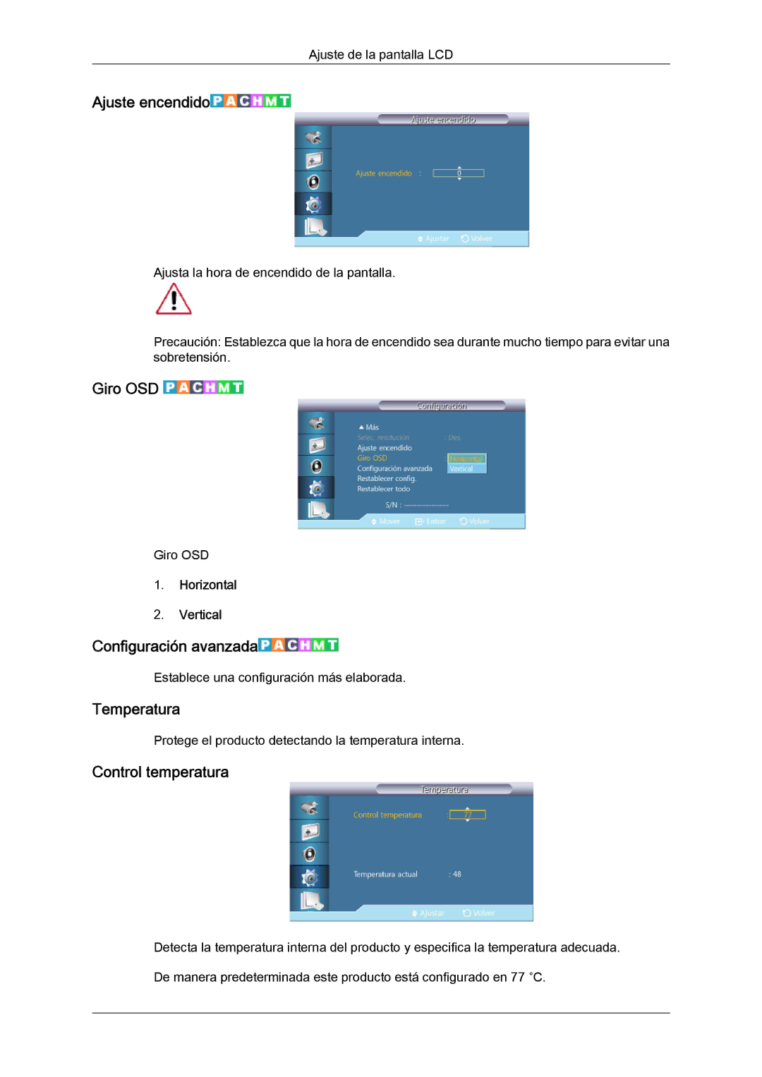 Samsung LH40GWPLBC/EN, LH40GWTLBC/EN Ajuste encendido, Giro OSD, Configuración avanzada, Temperatura, Control temperatura 