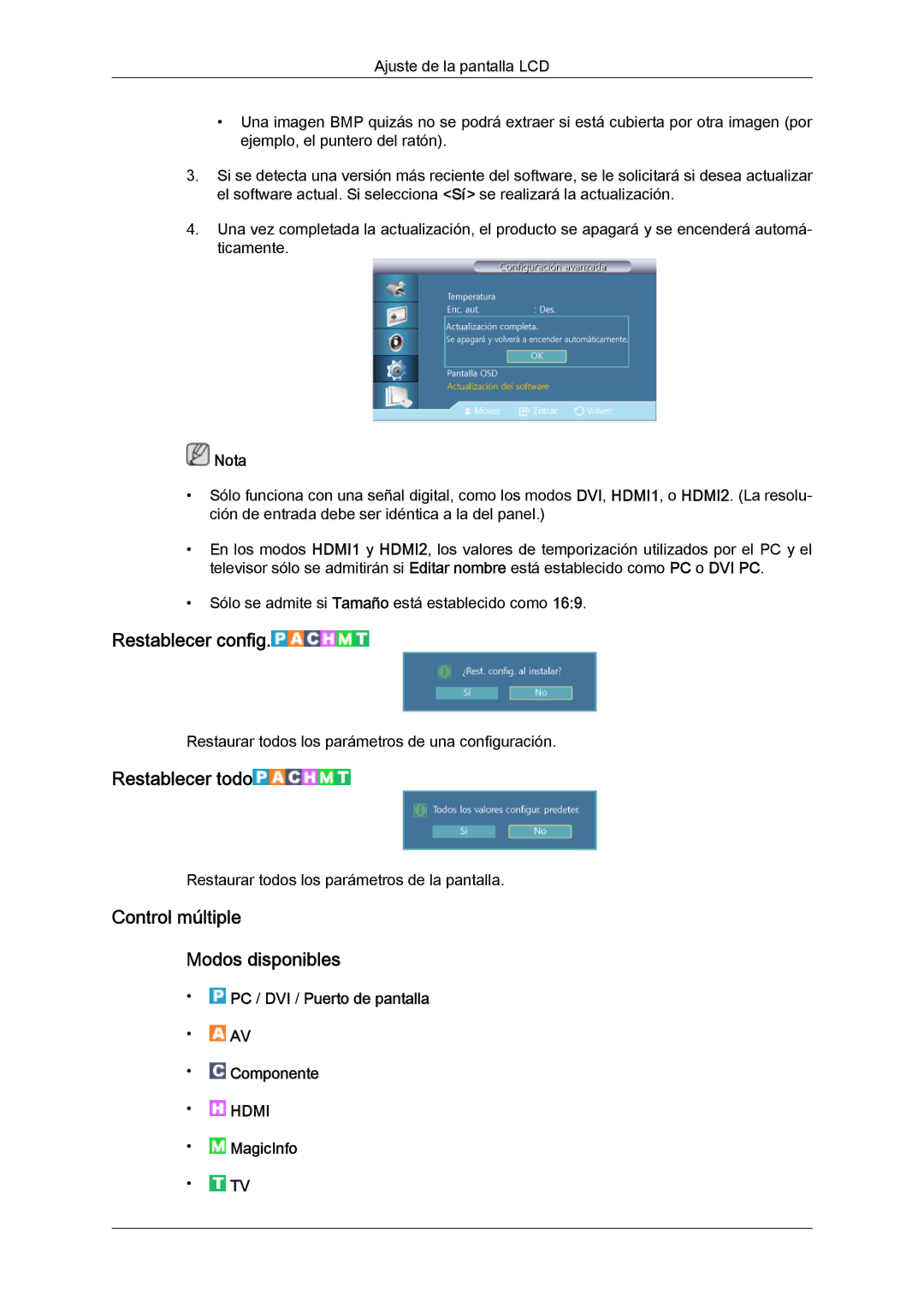 Samsung LH40GWSLBC/EN, LH40GWTLBC/EN Restablecer config, Restablecer todo, Control múltiple Modos disponibles, MagicInfo 