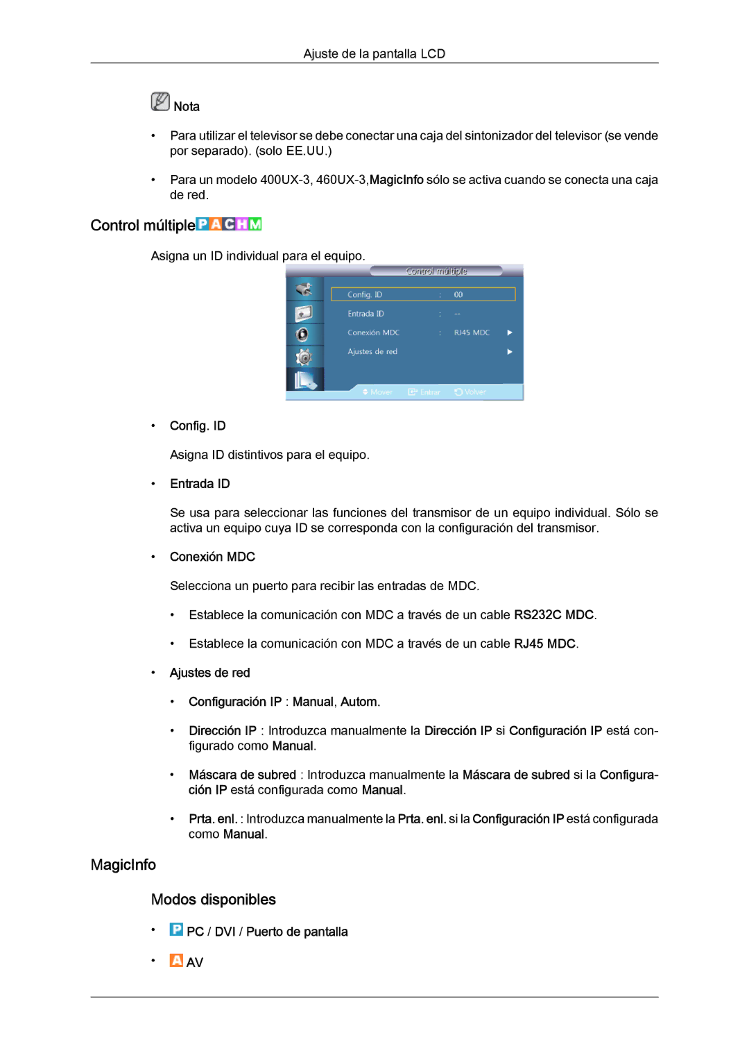 Samsung LH46GWPLBC/EN, LH40GWTLBC/EN, LH40GWSLBC/EN, LH40GWPLBC/EN manual Control múltiple, MagicInfo Modos disponibles 