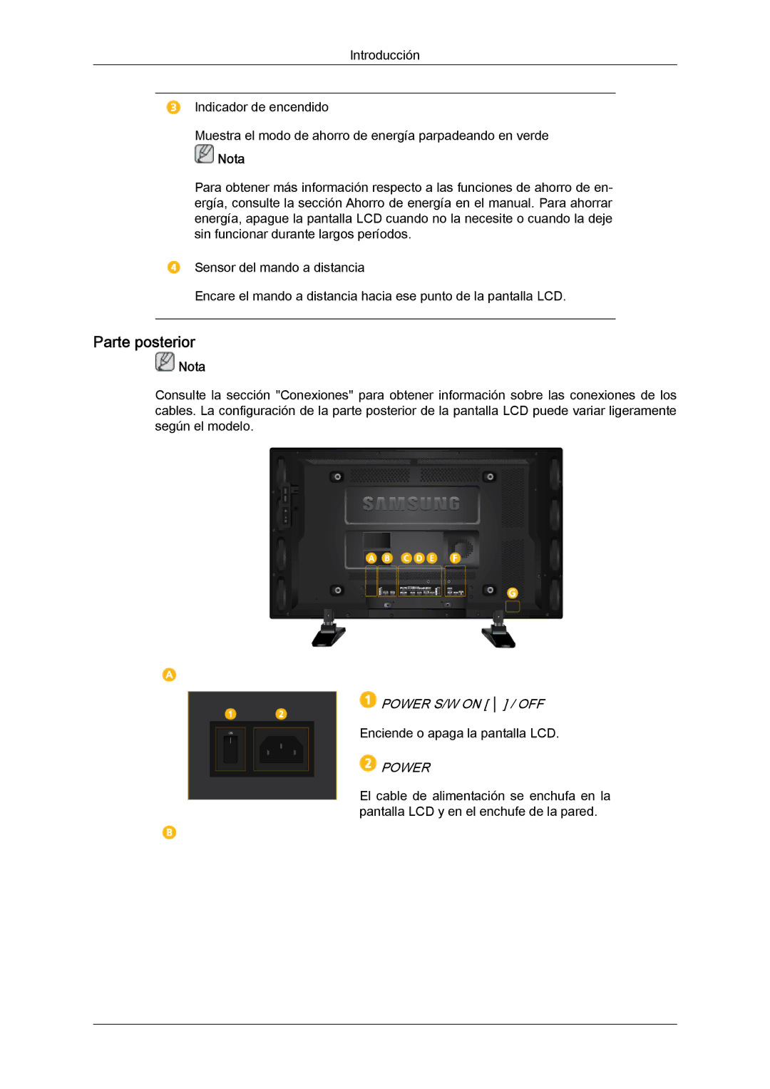 Samsung LH40GWTLBC/ZA, LH40GWTLBC/EN, LH40GWSLBC/EN, LH46GWPLBC/EN, LH40GWPLBC/EN, LH46GWTLBC/EN manual Parte posterior, Power 