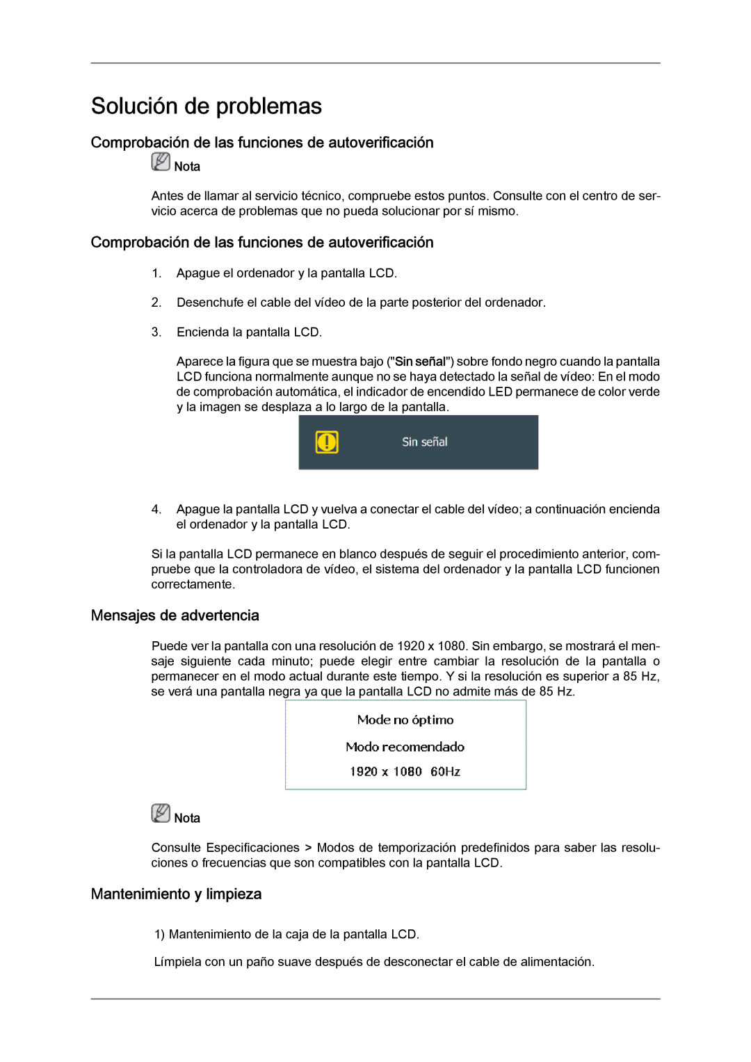 Samsung LH40GWTLBC/EN Comprobación de las funciones de autoverificación, Mensajes de advertencia, Mantenimiento y limpieza 