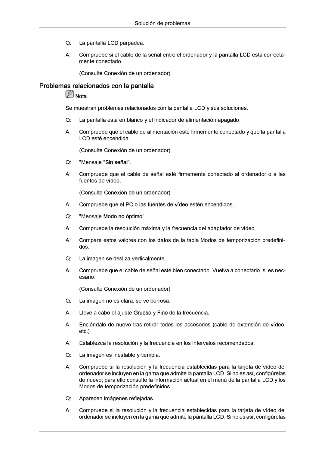 Samsung LH46GWPLBC/EN, LH40GWTLBC/EN, LH40GWSLBC/EN manual Problemas relacionados con la pantalla, Mensaje Modo no óptimo 