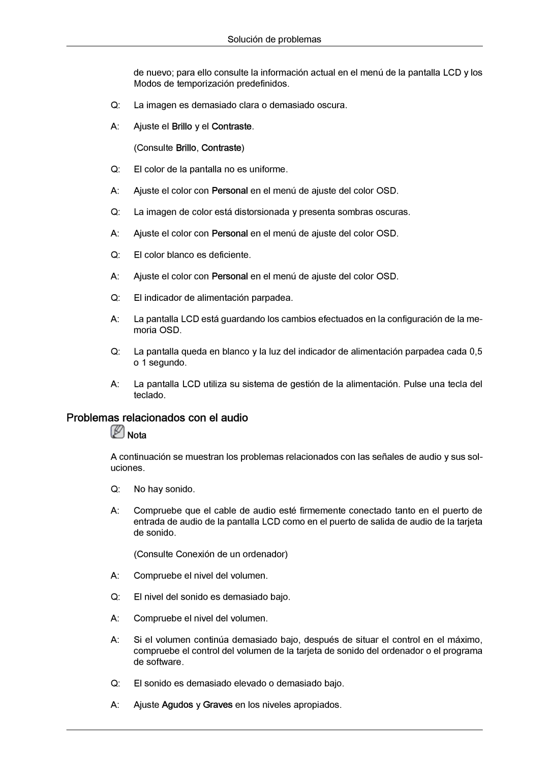 Samsung LH40GWPLBC/EN, LH40GWTLBC/EN, LH40GWSLBC/EN manual Problemas relacionados con el audio, Consulte Brillo, Contraste 