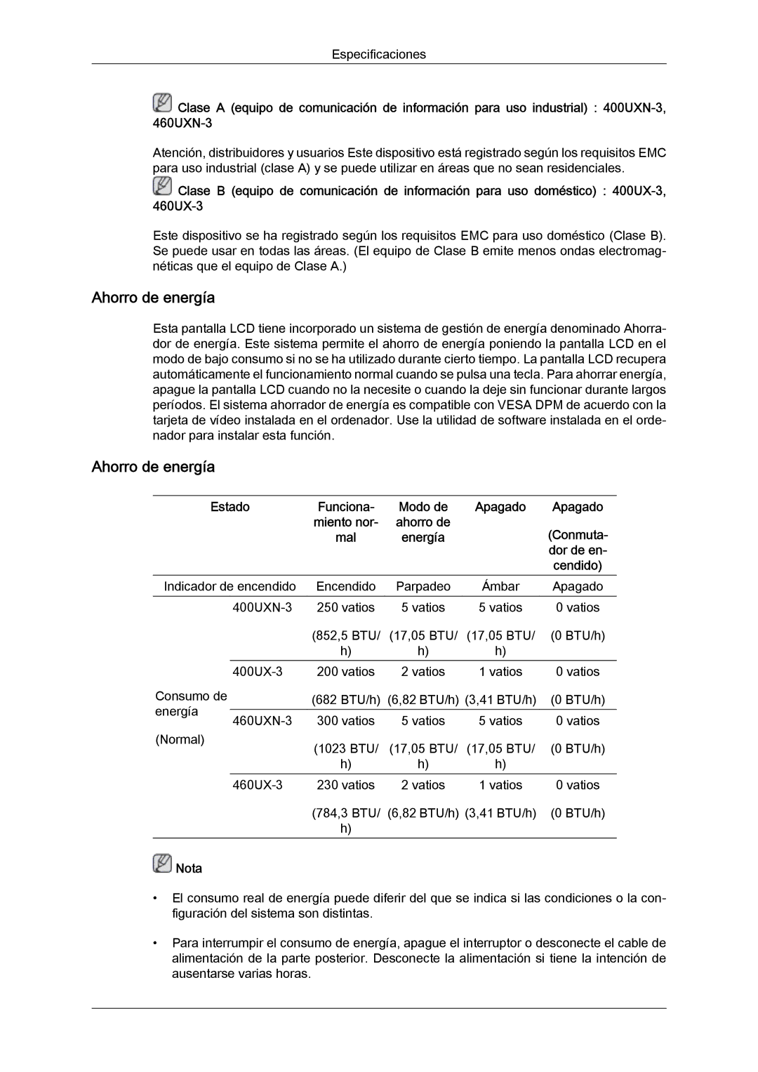 Samsung LH40GWSLBC/EN, LH40GWTLBC/EN, LH46GWPLBC/EN, LH40GWPLBC/EN, LH46GWTLBC/EN, LH46GWSLBC/EN Ahorro de energía, Estado 