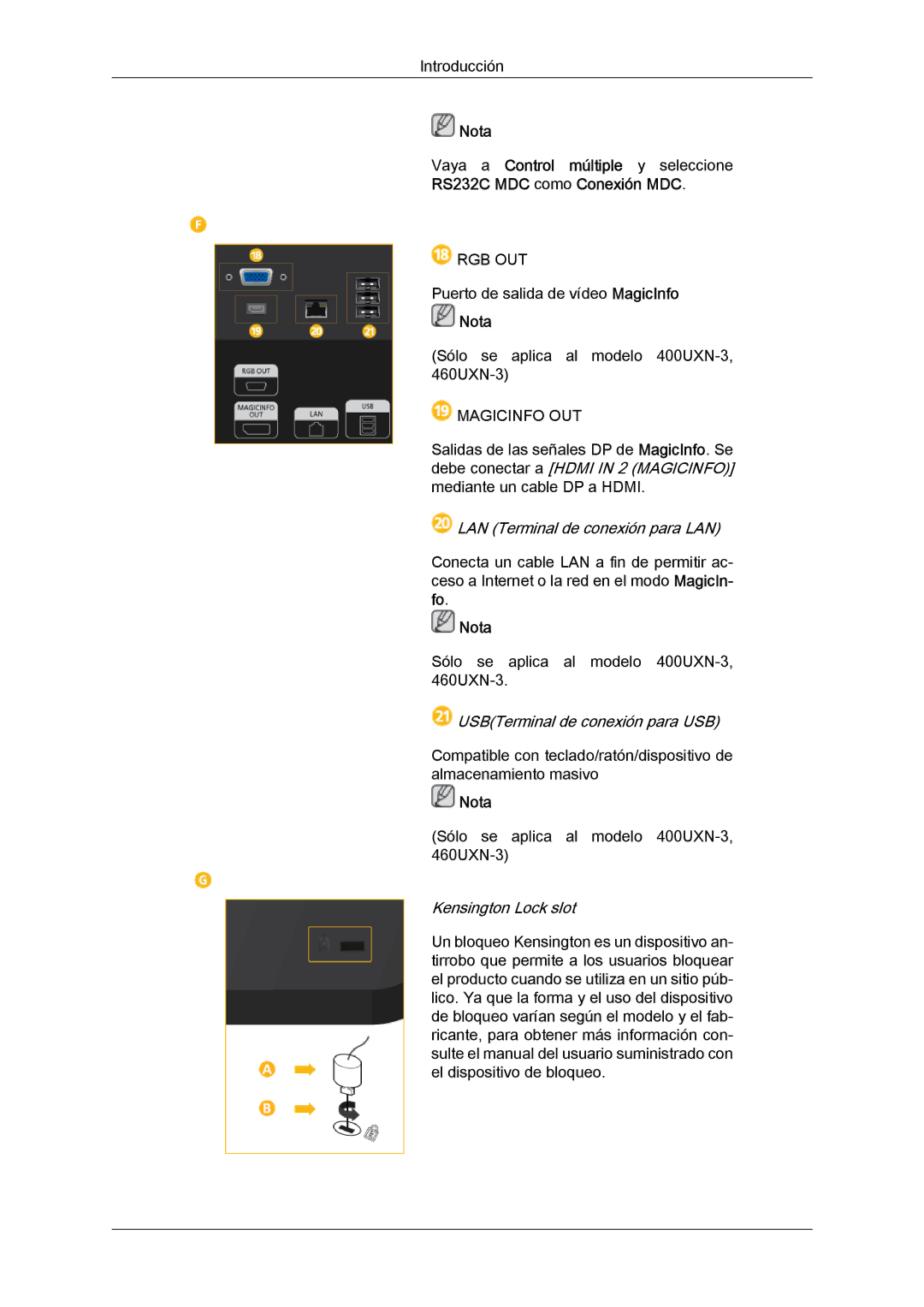 Samsung LH40GWPLBC/EN, LH40GWTLBC/EN, LH40GWSLBC/EN, LH46GWPLBC/EN, LH46GWTLBC/EN manual USBTerminal de conexión para USB 