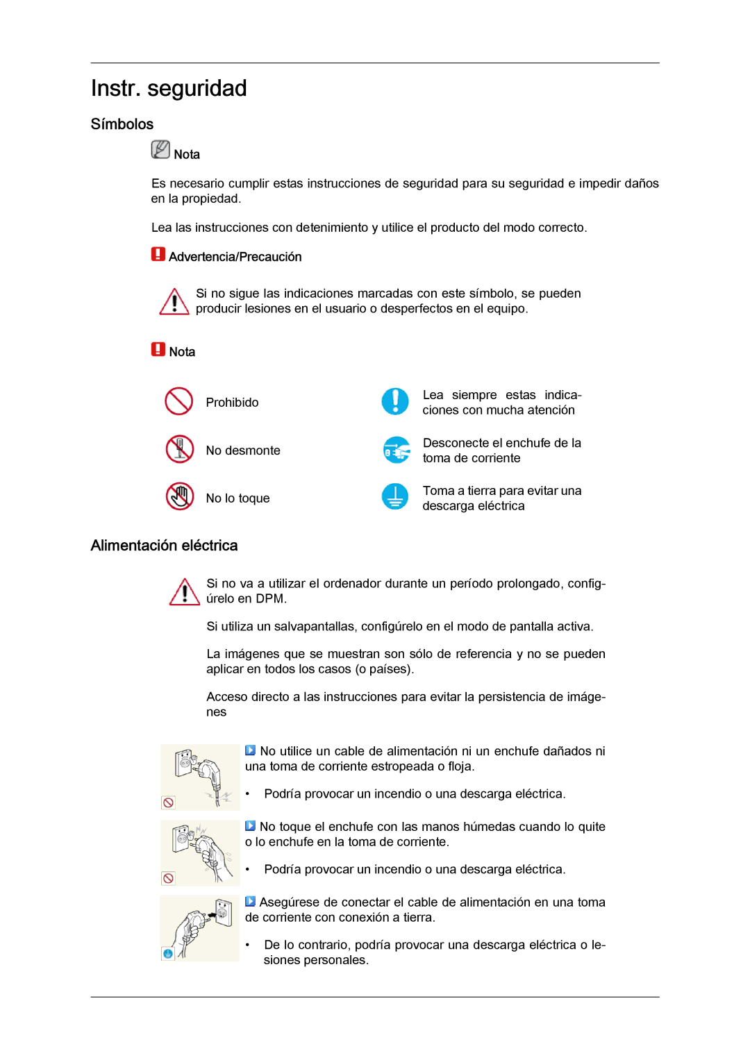 Samsung LH46GWPLBC/EN, LH40GWTLBC/EN, LH40GWSLBC/EN manual Símbolos, Alimentación eléctrica, Nota, Advertencia/Precaución 