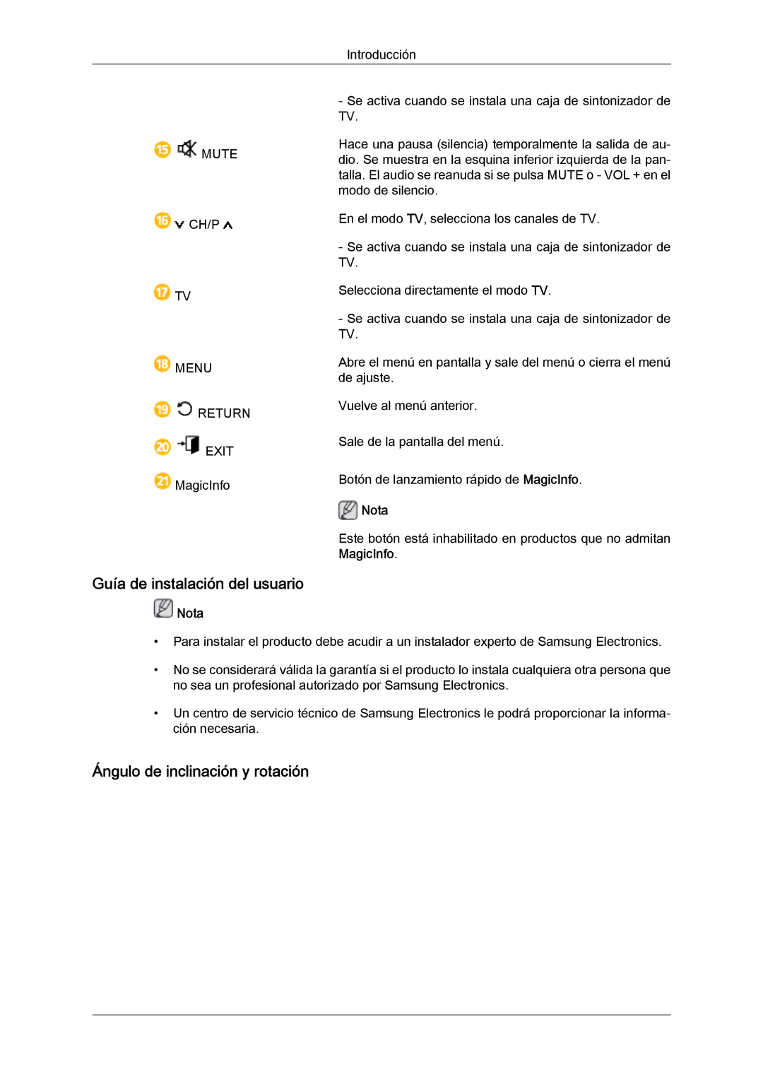 Samsung LH40GWTLBC/EN, LH40GWSLBC/EN, LH46GWPLBC/EN manual Guía de instalación del usuario, Ángulo de inclinación y rotación 