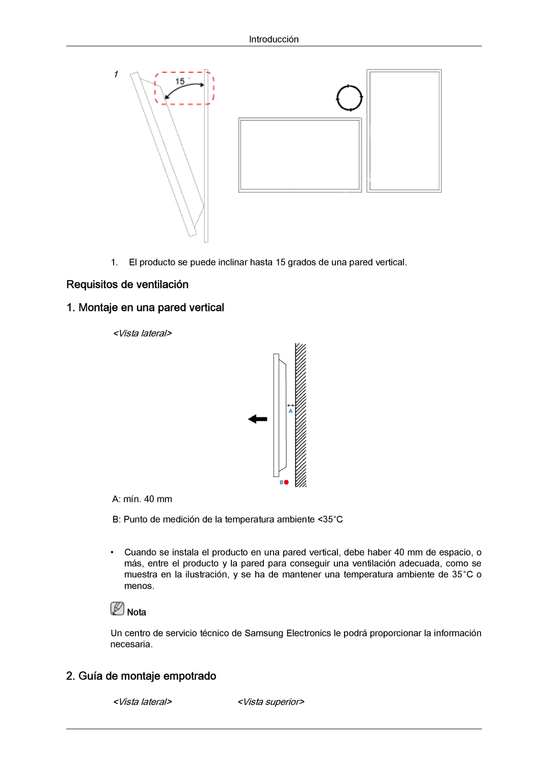 Samsung LH40GWSLBC/EN, LH40GWTLBC/EN Requisitos de ventilación Montaje en una pared vertical, Guía de montaje empotrado 