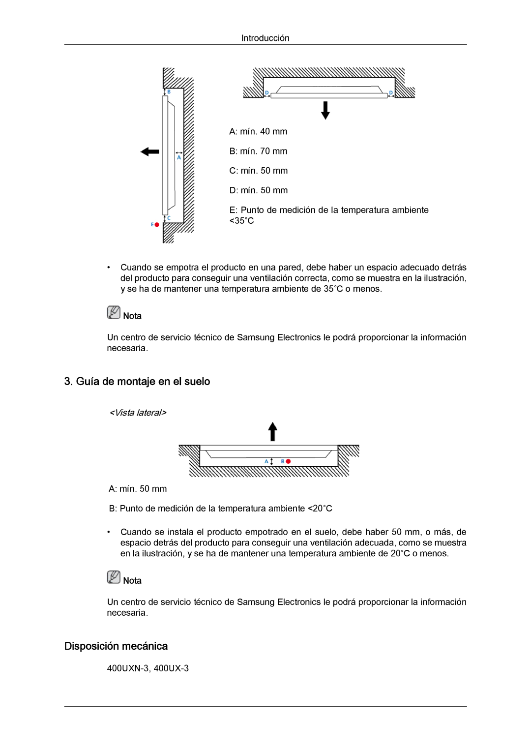 Samsung LH46GWPLBC/EN, LH40GWTLBC/EN, LH40GWSLBC/EN, LH40GWPLBC/EN manual Guía de montaje en el suelo, Disposición mecánica 