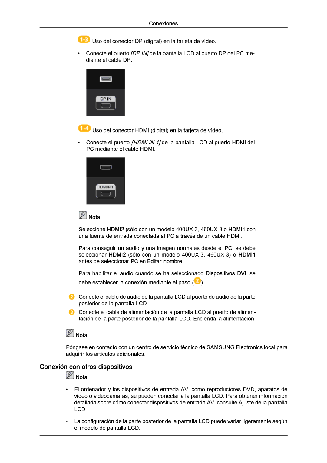 Samsung LH40GWSLBC/EN, LH40GWTLBC/EN, LH46GWPLBC/EN, LH40GWPLBC/EN, LH46GWTLBC/EN manual Conexión con otros dispositivos, Nota 