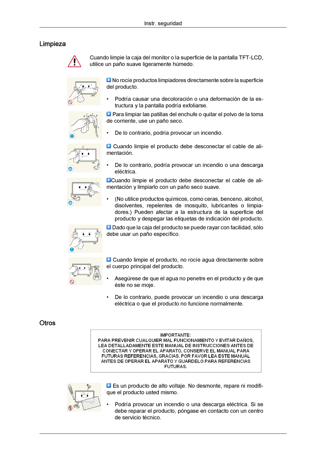 Samsung LH46GWSLBC/EN, LH40GWTLBC/EN, LH40GWSLBC/EN, LH46GWPLBC/EN, LH40GWPLBC/EN, LH46GWTLBC/EN, LH40GWTLBC/ZA Limpieza, Otros 