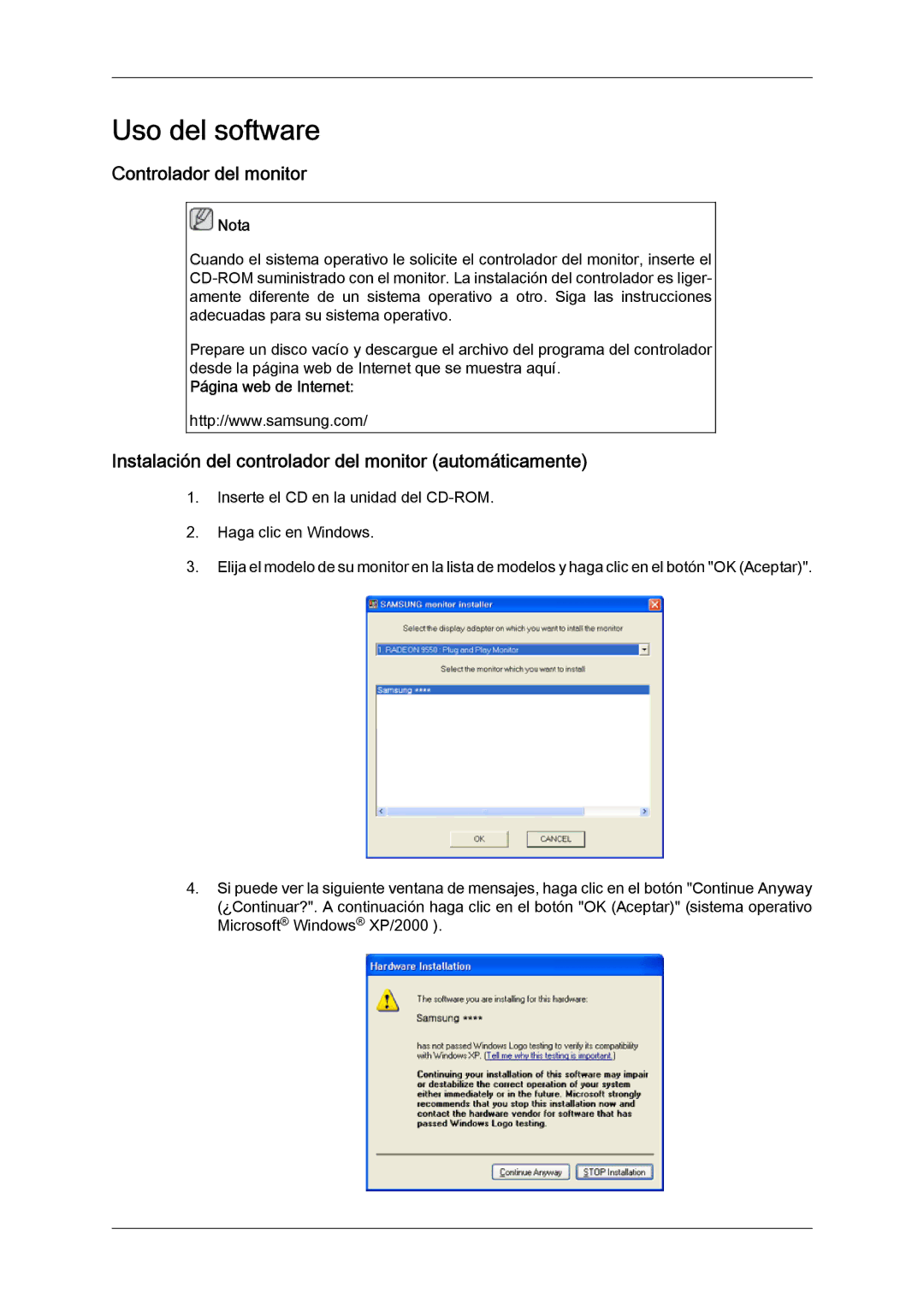 Samsung LH40GWSLBC/EN, LH40GWTLBC/EN manual Controlador del monitor, Instalación del controlador del monitor automáticamente 