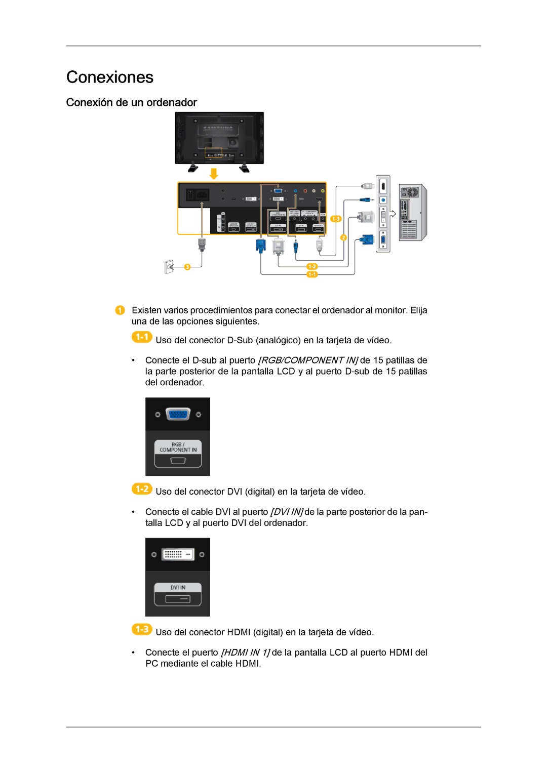 Samsung LH40GWTLBC/EN, LH40GWSLBC/EN, LH46GWPLBC/EN, LH40GWPLBC/EN, LH46GWTLBC/EN manual Conexiones, Conexión de un ordenador 