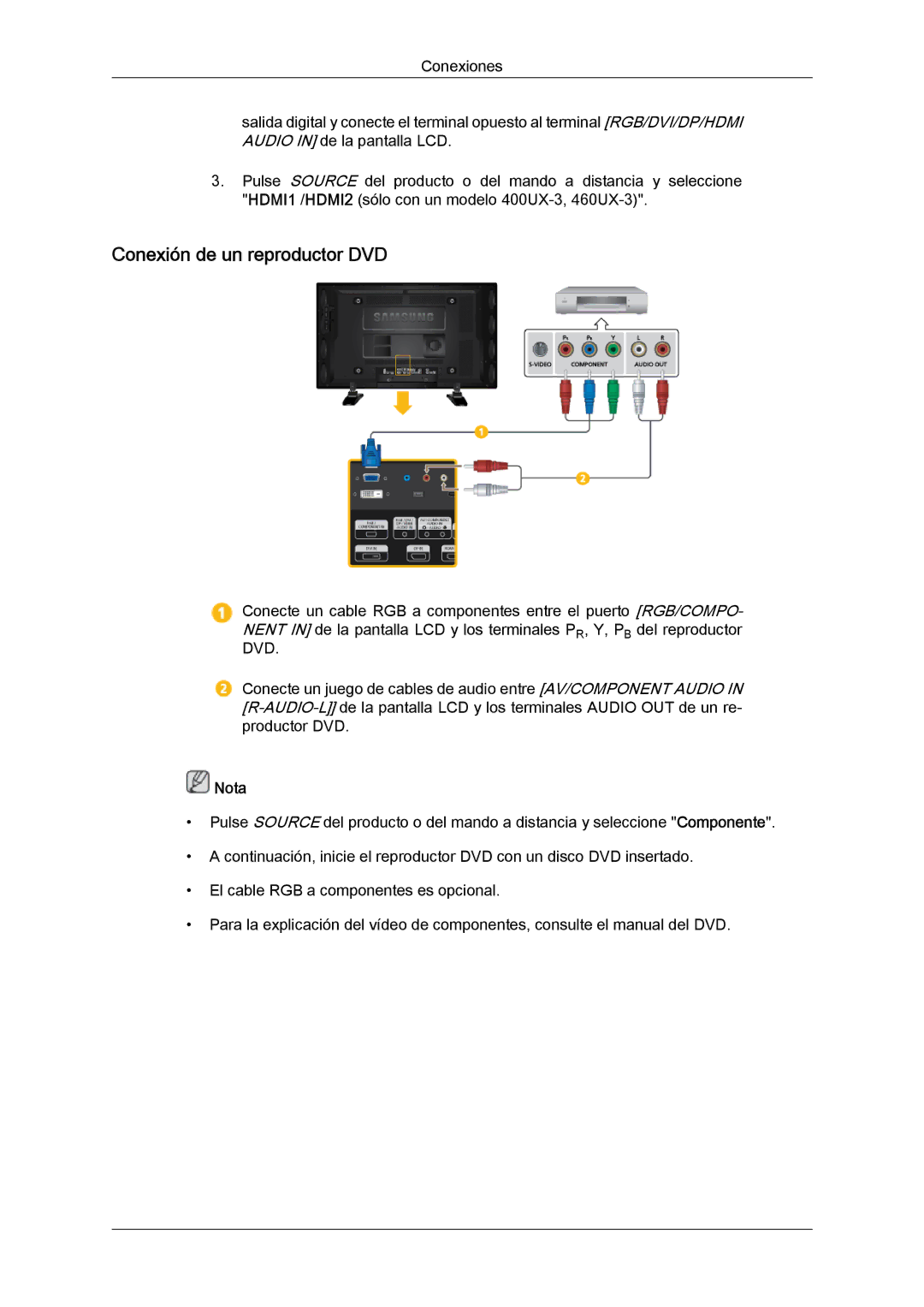 Samsung LH46GWSLBC/EN, LH40GWTLBC/EN, LH40GWSLBC/EN, LH46GWPLBC/EN, LH40GWPLBC/EN manual Conexión de un reproductor DVD 