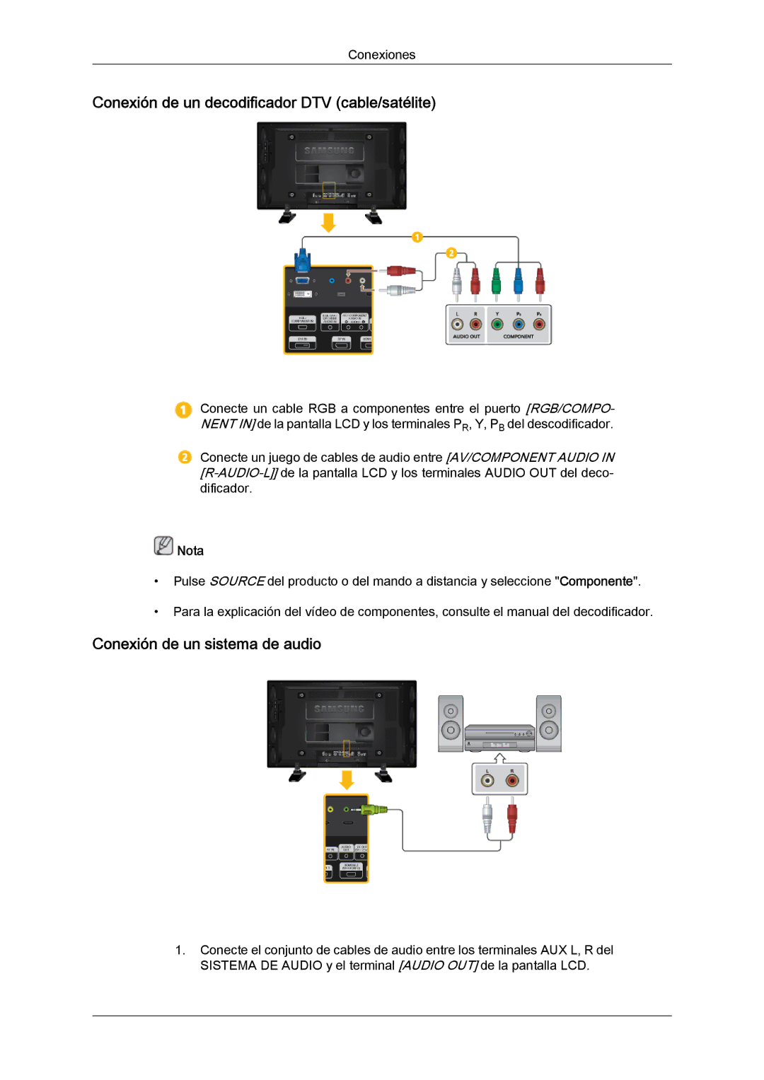 Samsung LH40GWTLBC/ZA, LH40GWTLBC/EN manual Conexión de un decodificador DTV cable/satélite, Conexión de un sistema de audio 