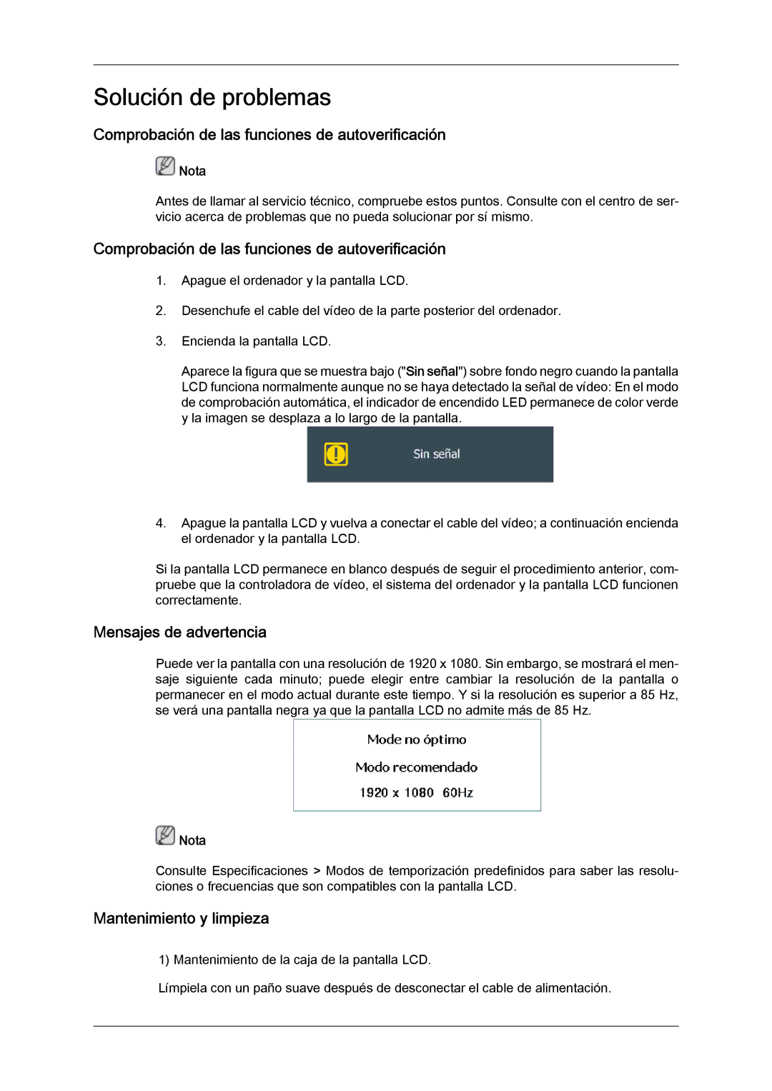 Samsung LH40GWSLBC/EN Comprobación de las funciones de autoverificación, Mensajes de advertencia, Mantenimiento y limpieza 