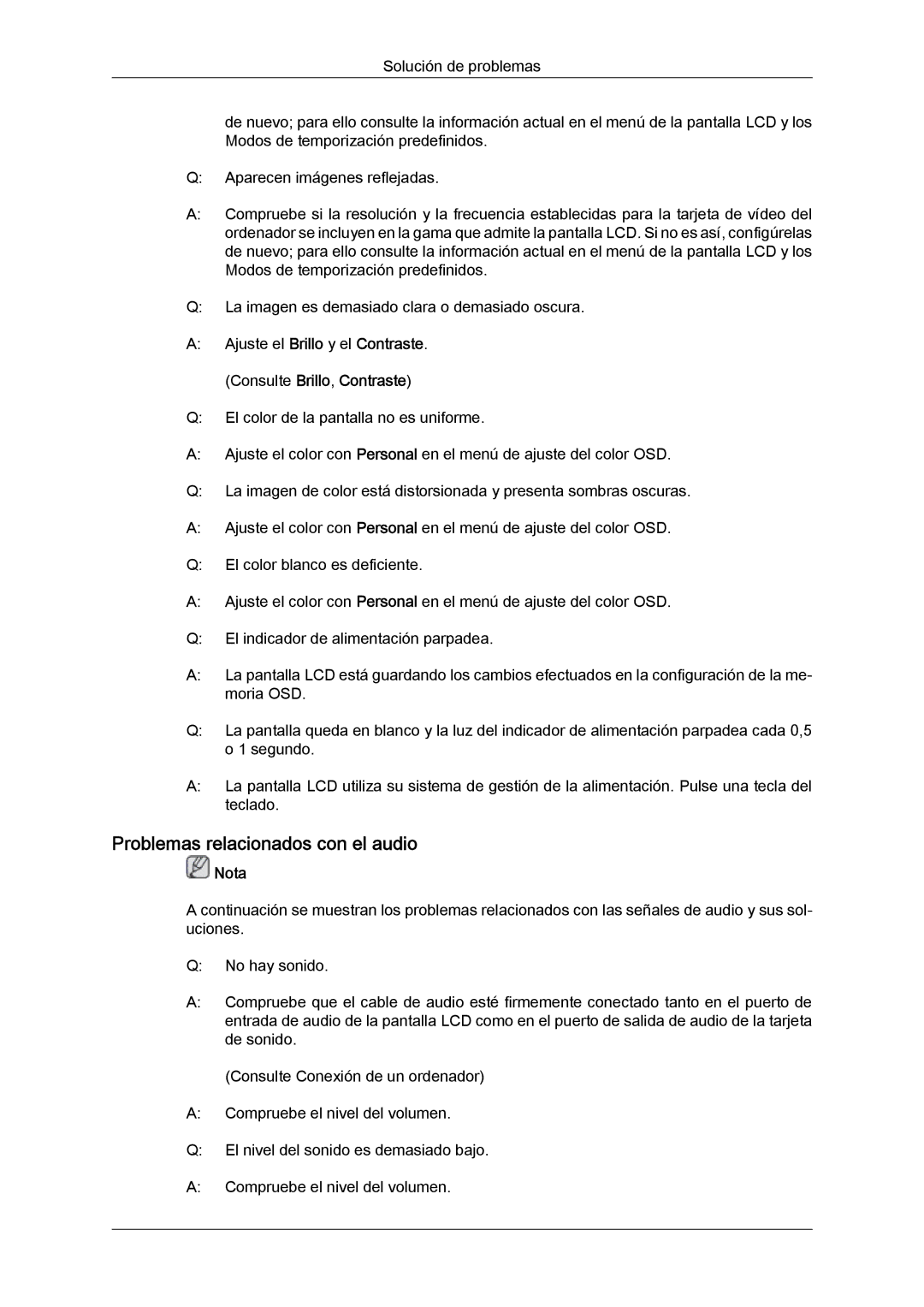 Samsung LH46GWTLBC/EN, LH40GWTLBC/EN, LH40GWSLBC/EN, LH46GWPLBC/EN, LH40GWPLBC/EN manual Problemas relacionados con el audio 