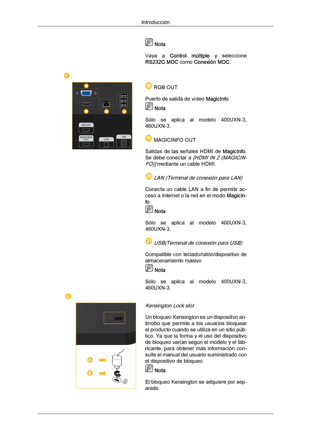 Samsung LH46GWPLBC/EN, LH40GWTLBC/EN, LH40GWSLBC/EN, LH40GWPLBC/EN, LH46GWTLBC/EN manual USBTerminal de conexión para USB 