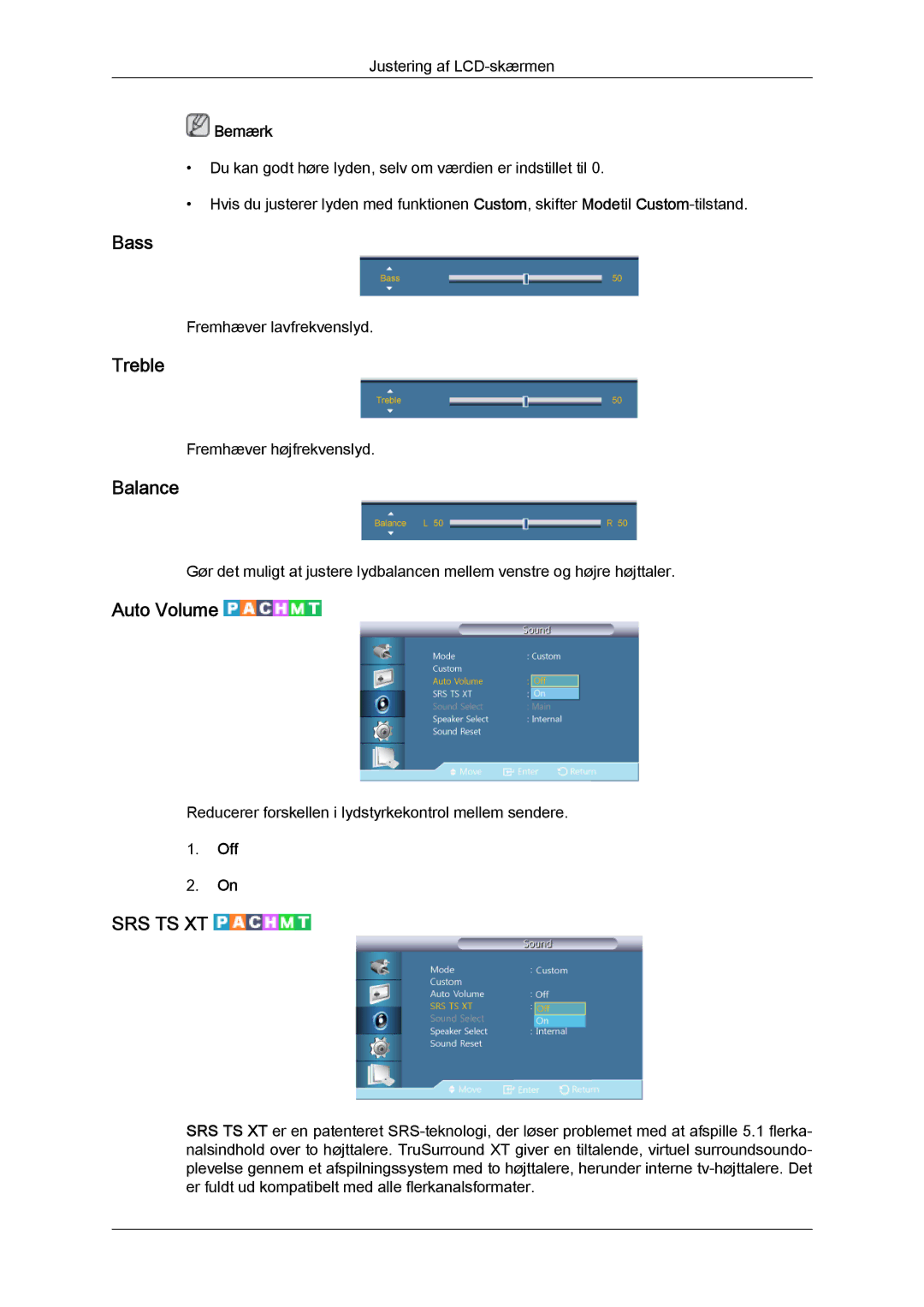 Samsung LH46GWTLBC/EN, LH40GWTLBC/EN, LH40GWSLBC/EN, LH46GWPLBC/EN, LH40GWPLBC/EN manual Bass, Treble, Balance, Auto Volume 