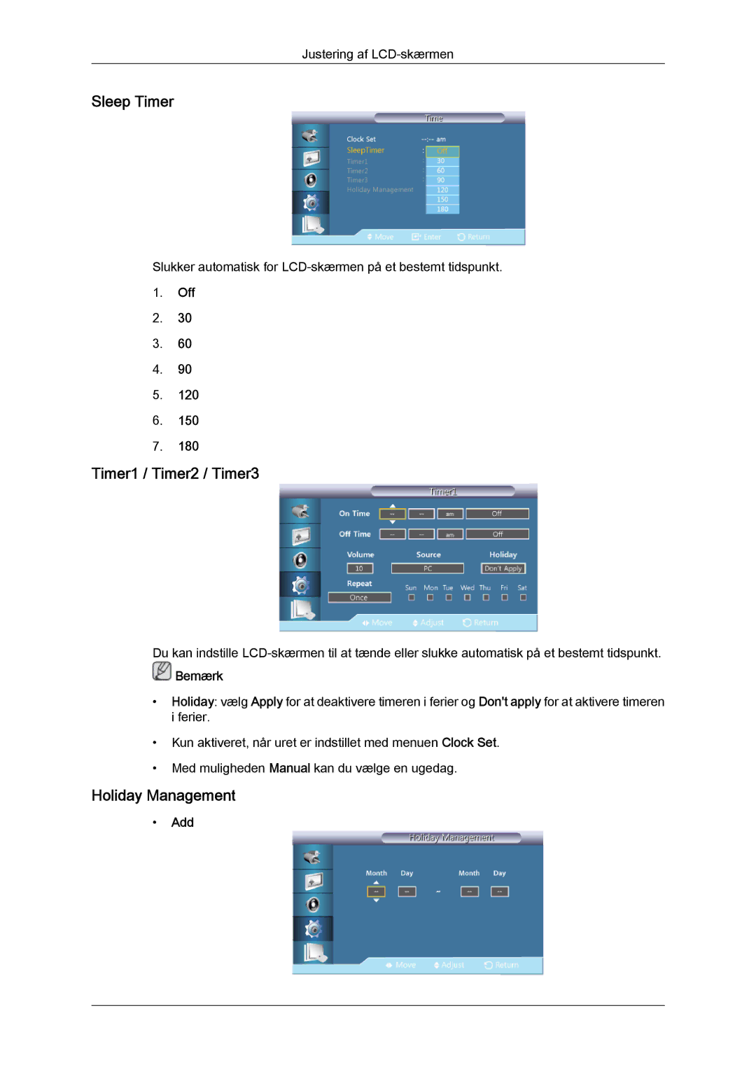 Samsung LH40GWSLBC/EN, LH40GWTLBC/EN, LH46GWPLBC/EN manual Sleep Timer, Timer1 / Timer2 / Timer3, Holiday Management, Add 