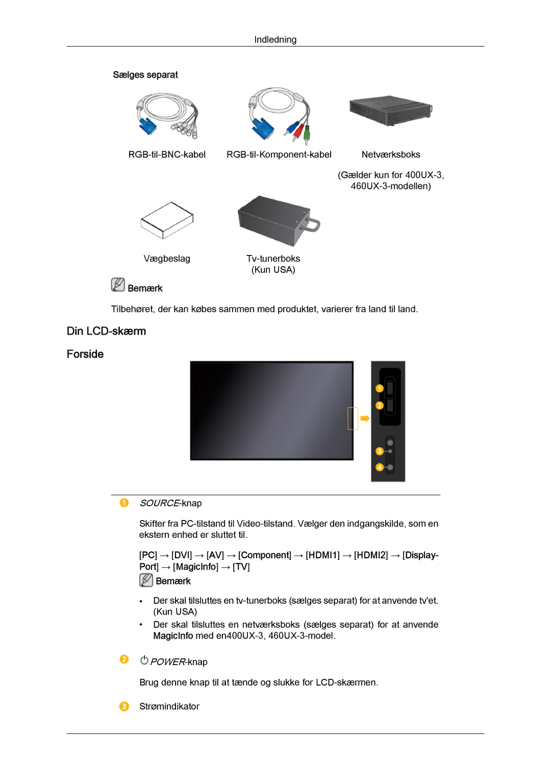 Samsung LH40GWTLBC/EN, LH40GWSLBC/EN, LH46GWPLBC/EN, LH40GWPLBC/EN, LH46GWTLBC/EN manual Din LCD-skærm Forside, SOURCE-knap 